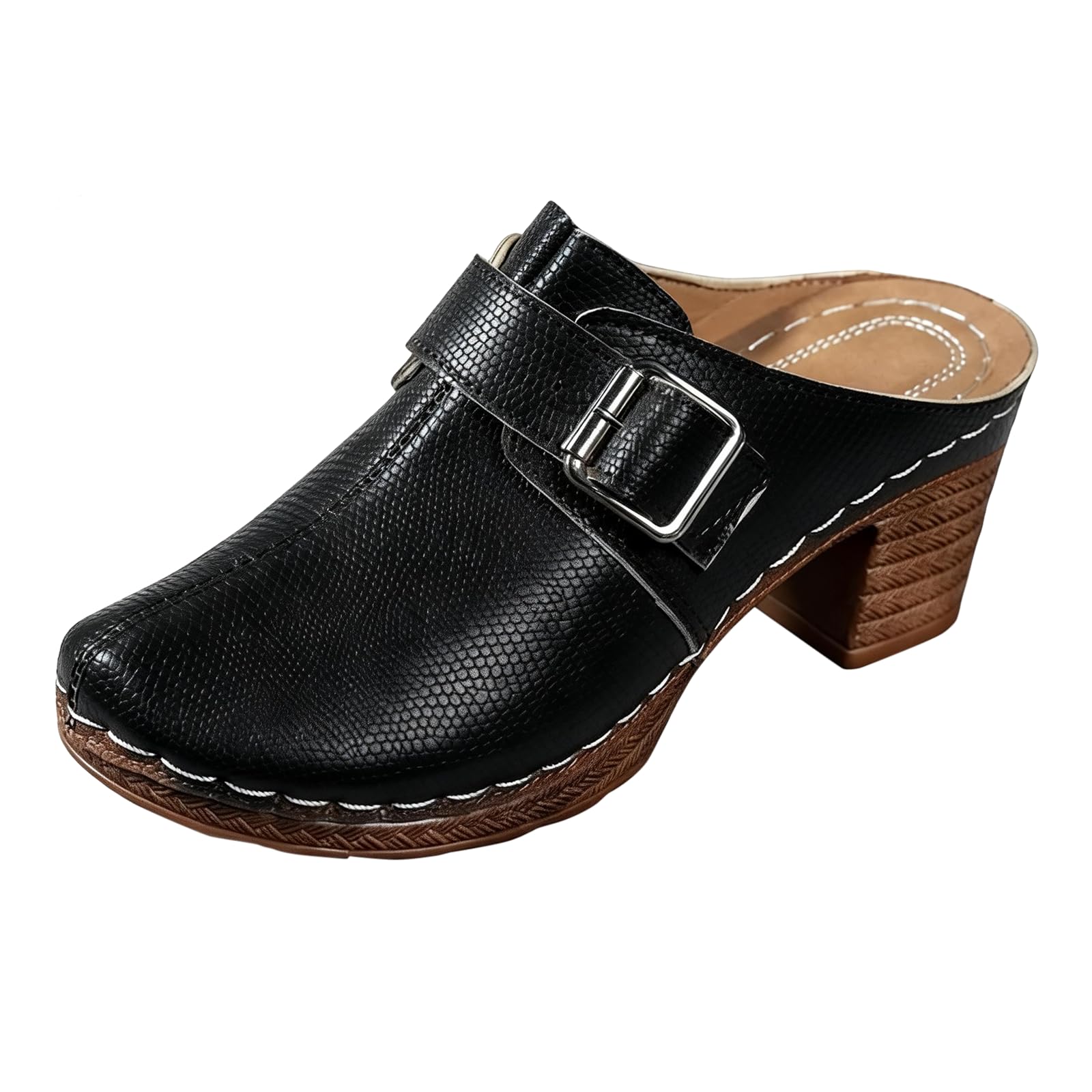 Womens Leather Platform Slides Sandals Closed Toe Chunky Block Heel Cork Sole Beach Casual Sandal with Buckle Strap