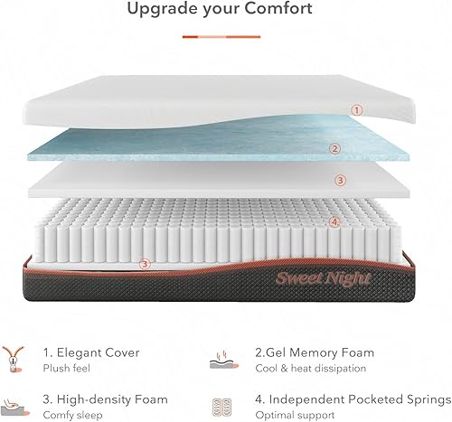Miniatura 6 de Sweetnight - Colchón tamaño matrimonial híbrido de 12pulgadas con espuma viscoelástica de gel y resortes interiores ensacados para un descanso