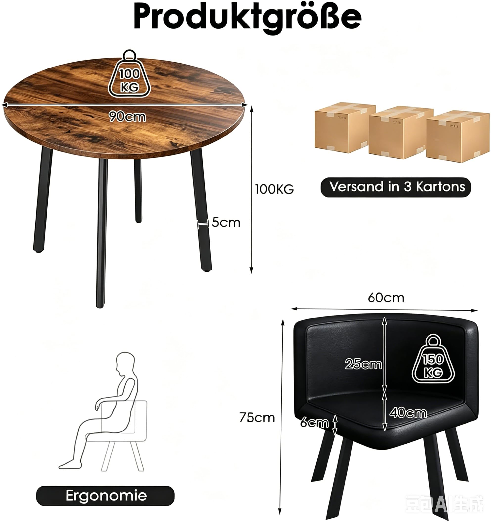 Runder Esstisch mit 4 Stühlen - Essgruppe 5-Teilig Komplettset - Küchentisch Sitzgruppe für für Küche/Esszimmer - Wohnzimmer und Büro 4-6 Sitzplätze (Walnut)