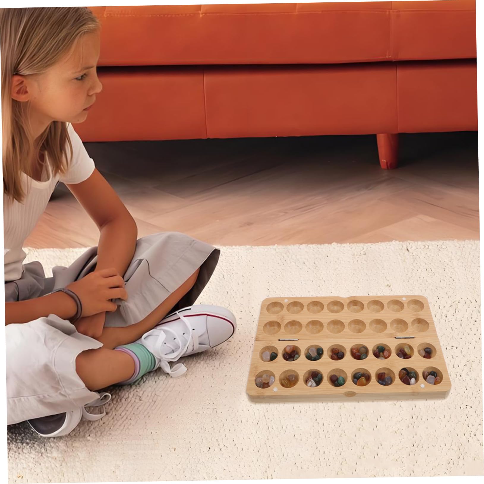 Juego de Mesa Mancala Cuentas y Guijarros para Niños | Bambú y Piedra, 1 Set Portátil, para Aula E Interior, Artesanía Cuidada y Desarrollo del Pensamiento Espacial