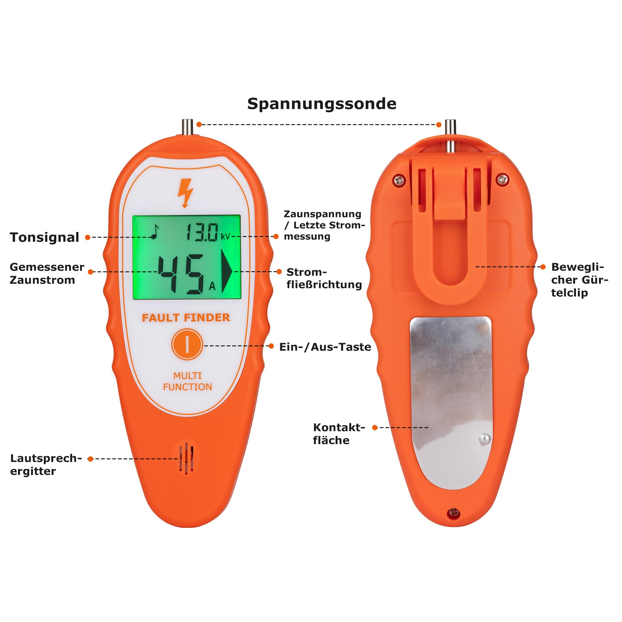 MINGYA Weidezaunprüfer & Fehlersuchgerät mit Hintergrundbeleuchtung, 15kV Digitaler Zaunprüfer Spannungstester 200V–15.000V, Orange