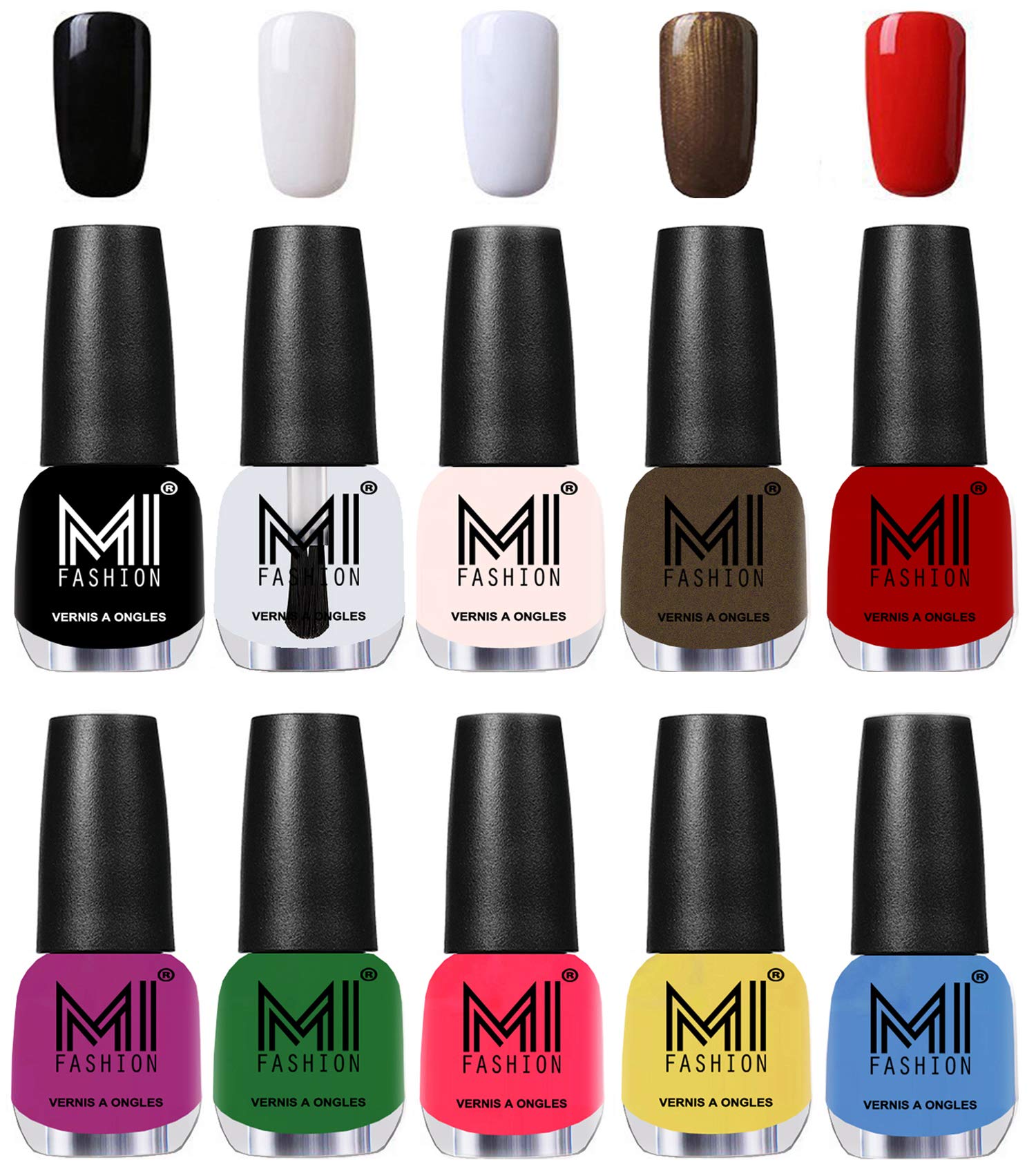 Mi Fashion Color Rich Nail Polish Combo-Bright Plum,Emerald Green,Neon Pink,Pastel Yellow,Ocean Blue,Jet Black,Crystal Clear,Milky White,Metallic Coffee,Vampire Red Nail Polish-image-6