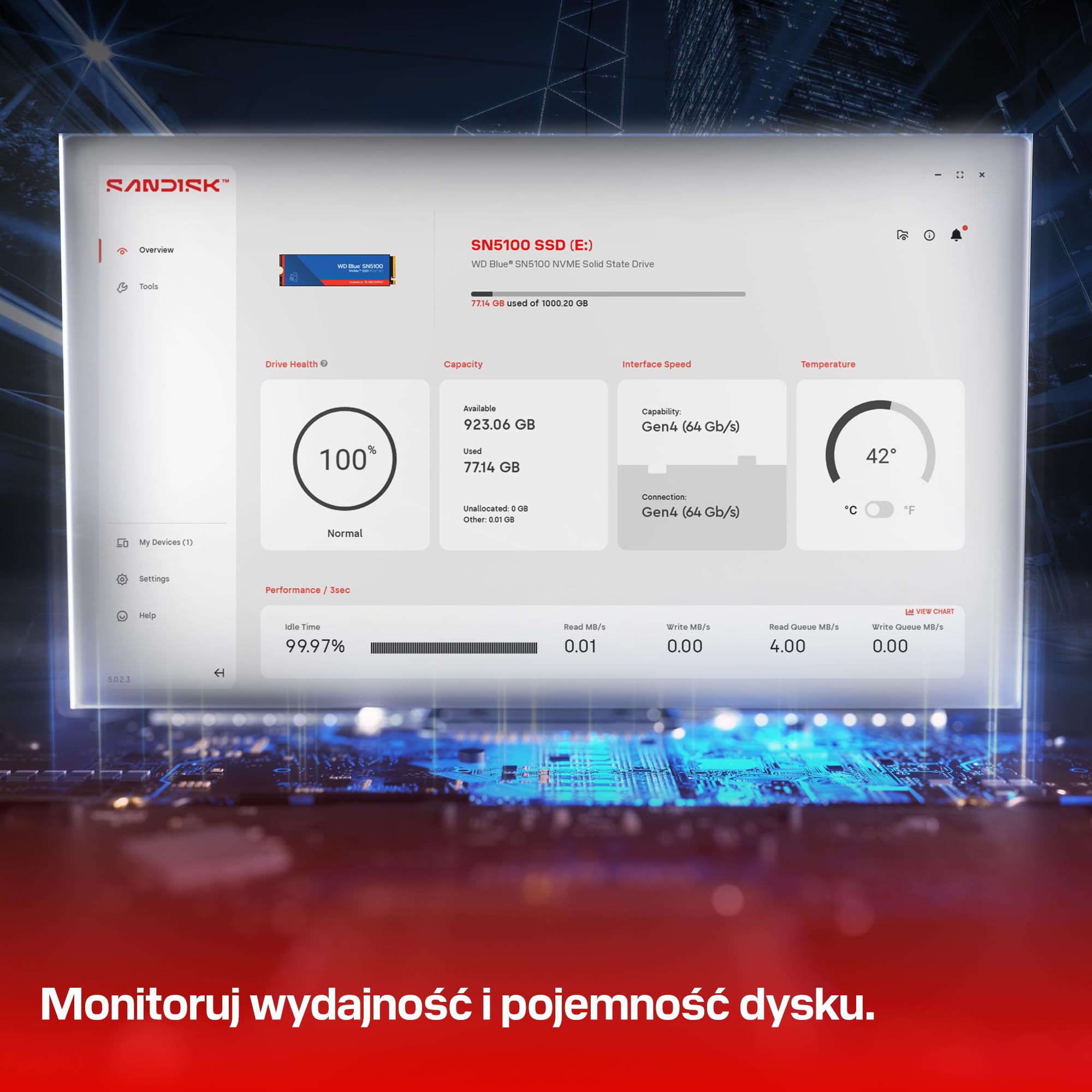 WD Blue SN5100 1 TB NVMe SSD (odczyt do 7 100 MB/s, M.2 2280, PCIe Gen 4.0, nCache 4.0, technologia Sandisk 3D CBA NAND, oprogramowanie do migracji danych Acronis True Image)