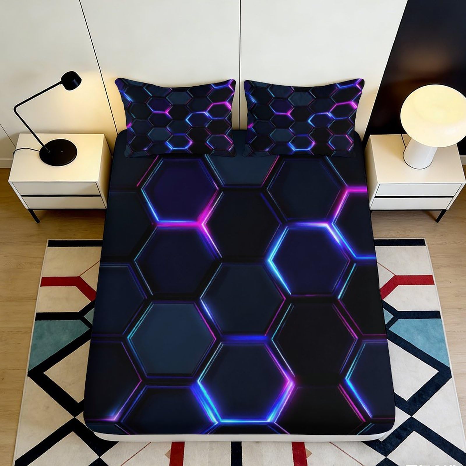 3D Printed Neon Hexagon Fitted Sheet Microfiber Modern Geometric Bed Cover for Bedroom Guest Room Dorm Mattress Protection 90x200x25cm