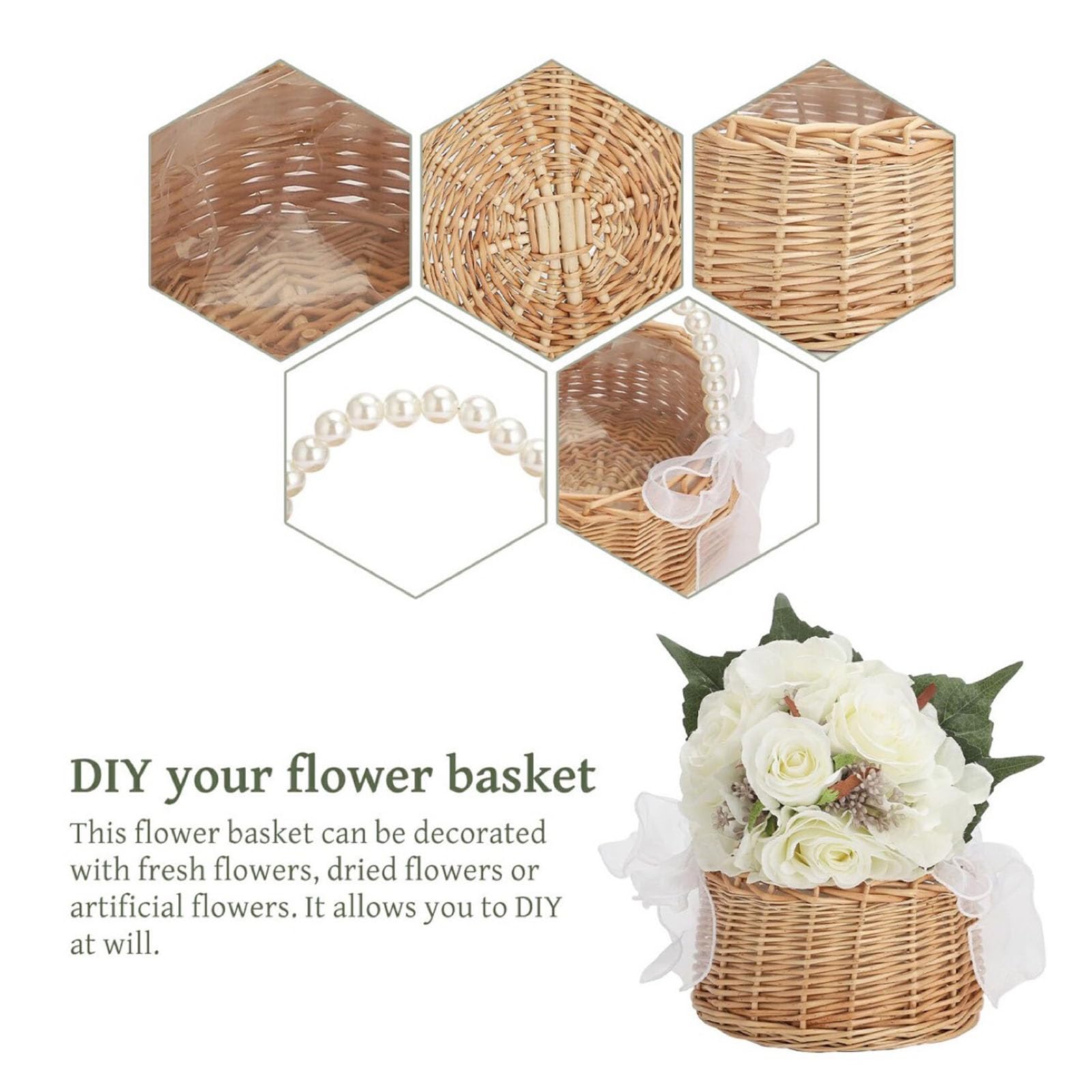 Weidenkorb aus Rattan mit Perlengriff, niedlicher Weidenkorb, Osterkorb, Schleife, Blumenkörbe für Hochzeit, Heimdekoration (16,5 x 19,8 cm)