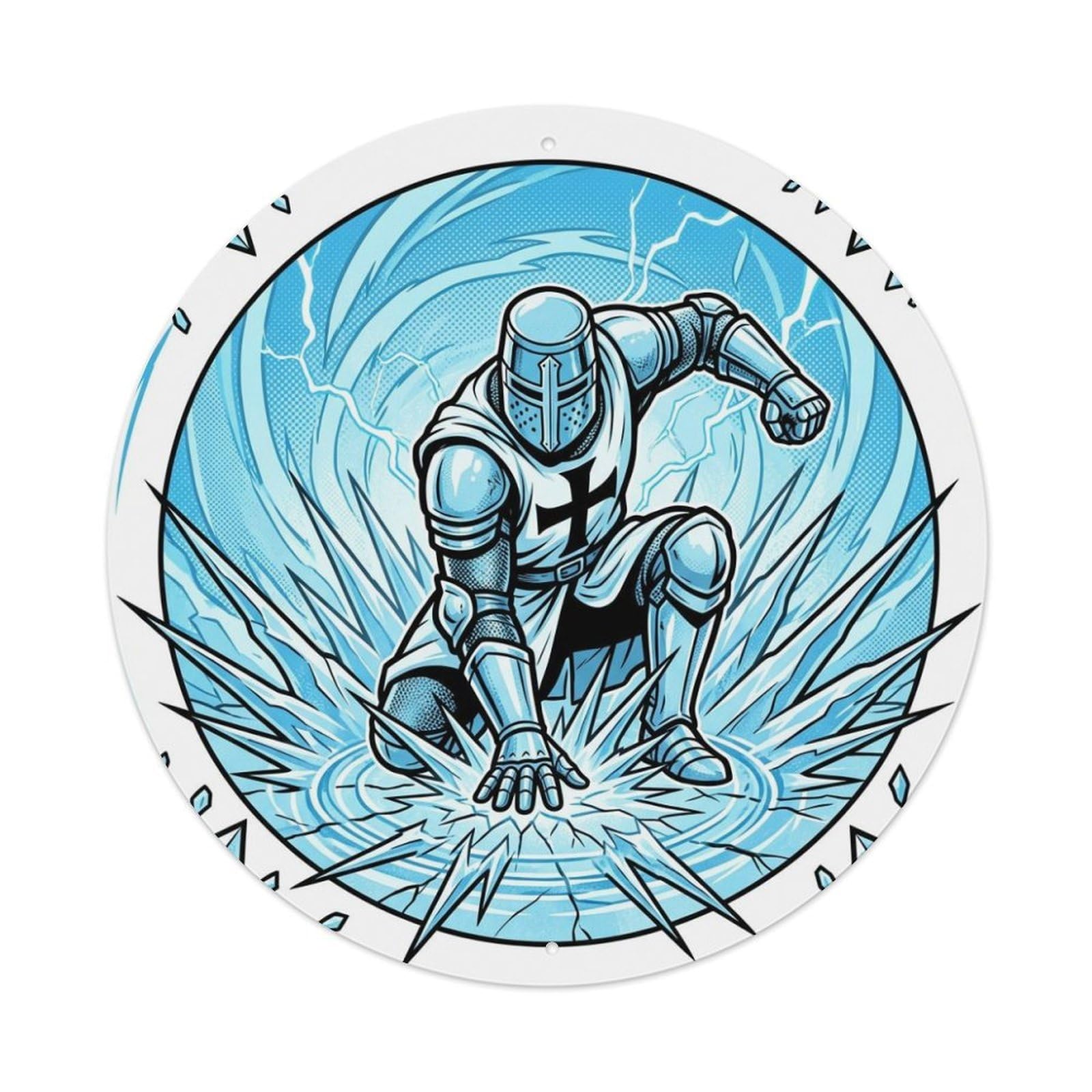 Anime Ice Shield Medieval Holy Sacred Teutonic Knight Paladin Metal Tin Sign Plaque Wall Decor for Cafe, Man Cave, Club Bar, Office, Home Garden Round Metal Poster 8x8Inch