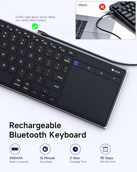 CZUR K5S Bluetooth Keyboard with Touchpad, Wireless & Wired Keyboard with Trackpad for PC, Laptop, Tablet & Phone, Multi-Device Portable Rechargeable Keyboard, for Windows/Mac/Android/iOS (No Backlit) - 4