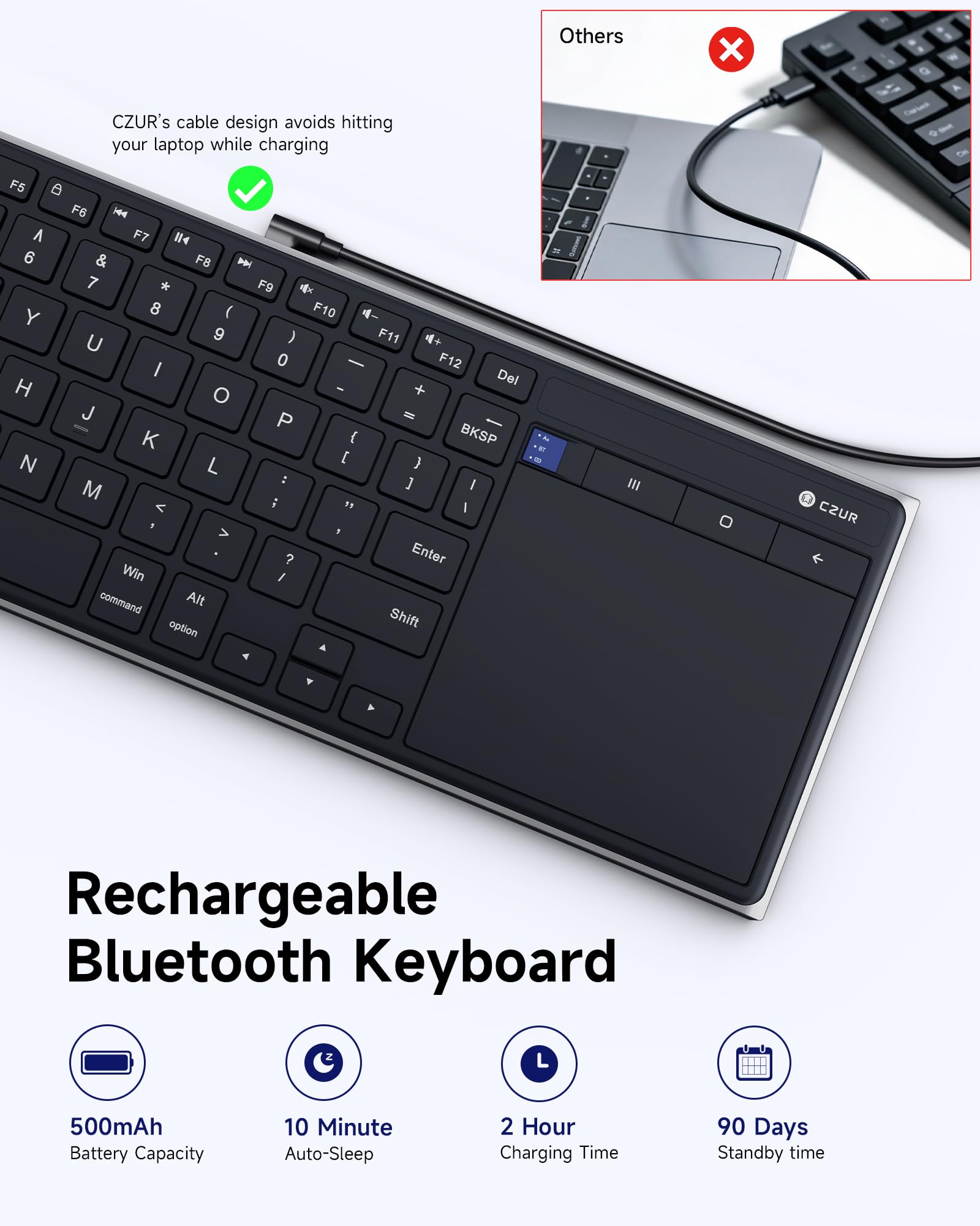 CZUR K5S Bluetooth Keyboard with Touchpad, Wireless & Wired Keyboard with Trackpad for PC, Laptop, Tablet & Phone, Multi-Device Portable Rechargeable Keyboard, for Windows/Mac/Android/iOS (No Backlit) — view 4