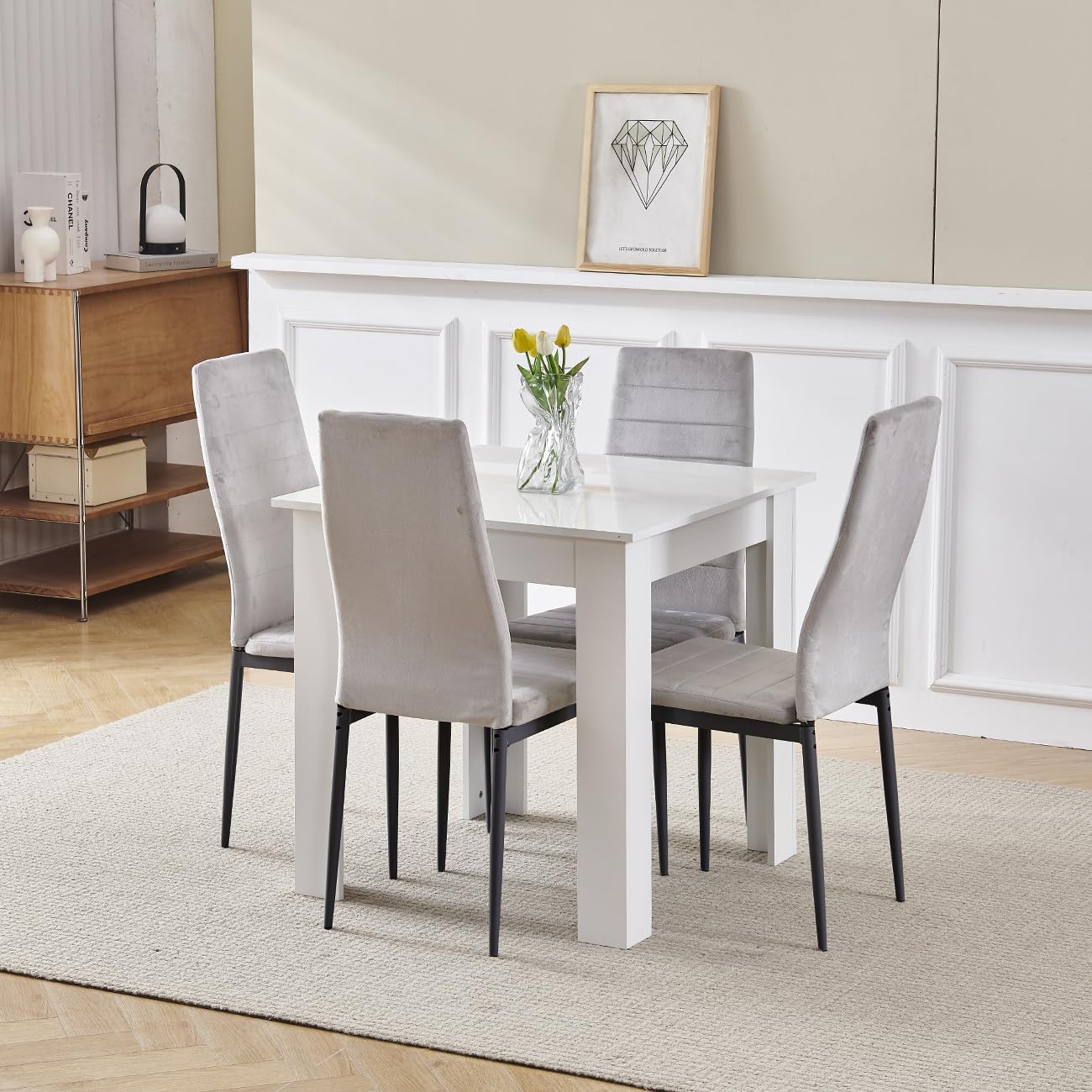 Homullel 75x75 cm Small Dining Table and 4 Chairs, 4 Seater Table and Chairs Set Kitchen Dining Room Set for 4, Compact, Space Saving, Wooden, Glossing Tabletop White (4 Seats, Flannel Grey #1)