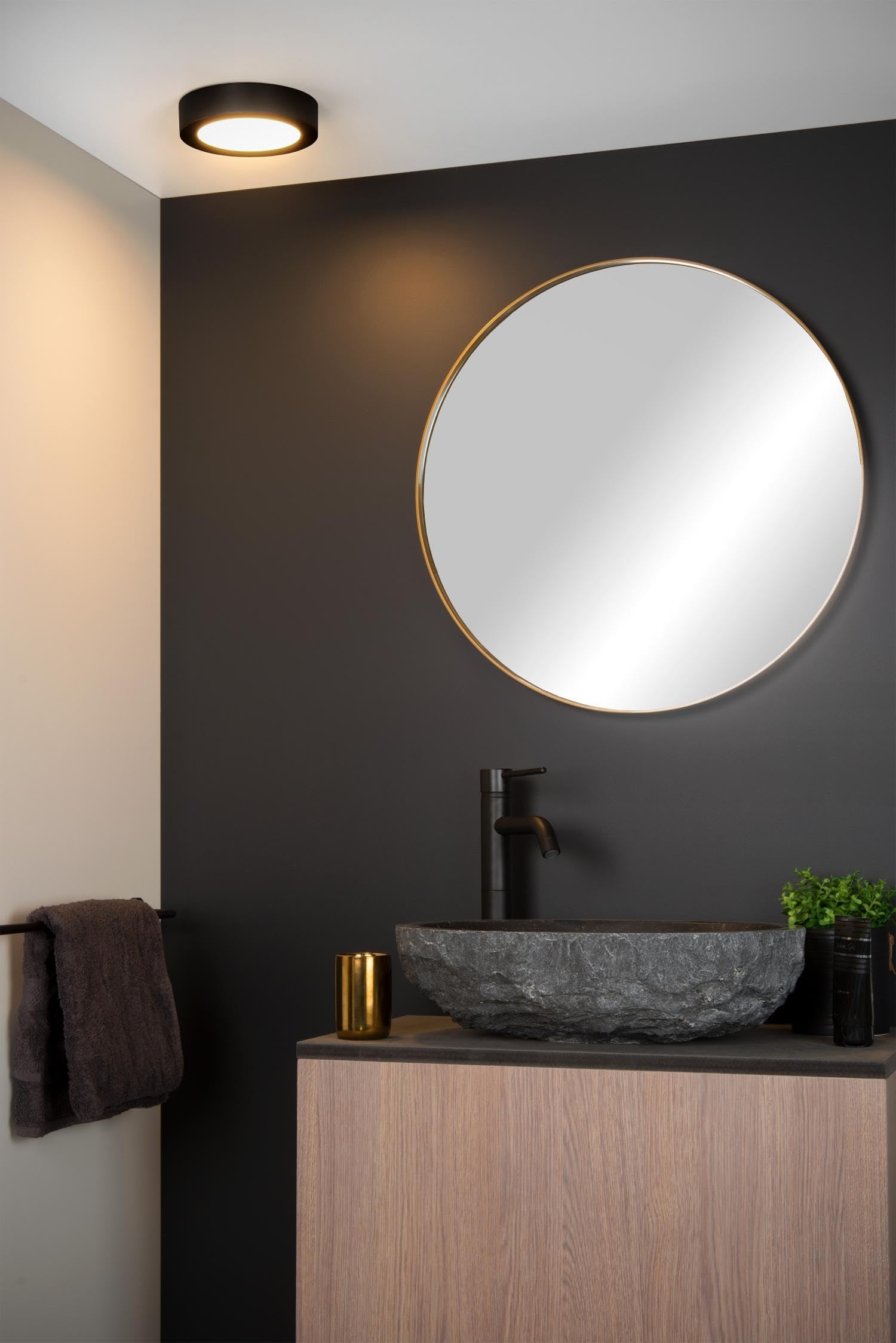 LUCIDE BRICE-LED - Lámpara de techo Baño - Ø 18 cm - LED Regul. - 1x12W 3000K - IP44 - Negro