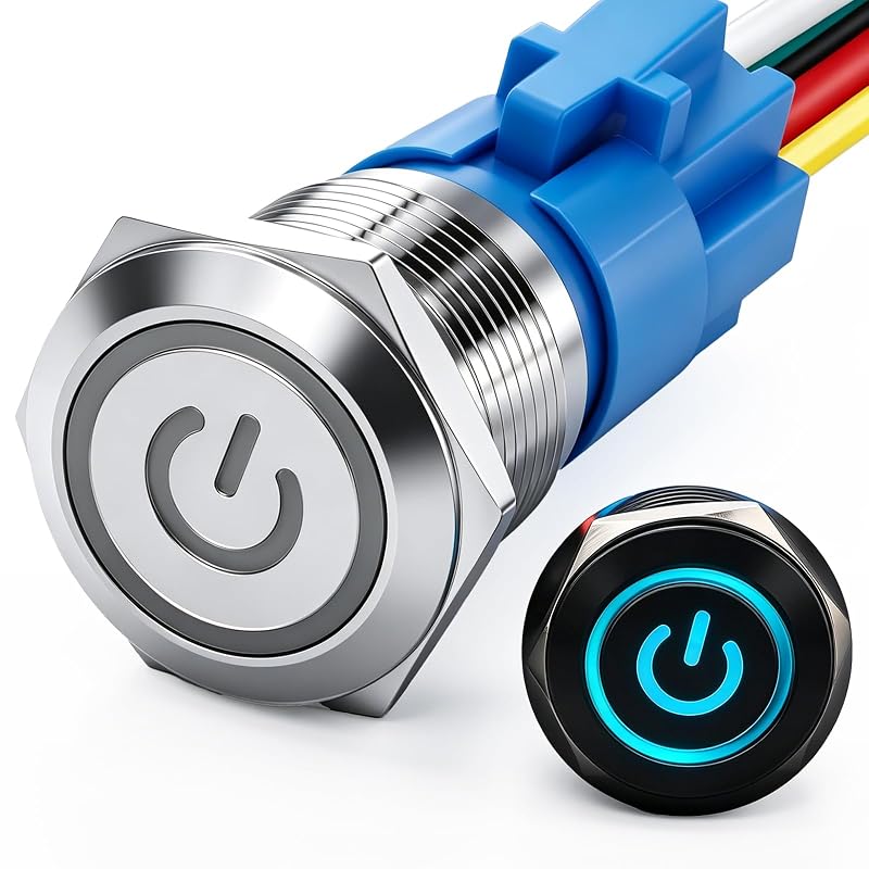 Interruptor de pressão com trava mxuteuk 19 mm SPDT ON/OFF com LED azul 12 V – L-19-POWER-T-BU, 1 unidade