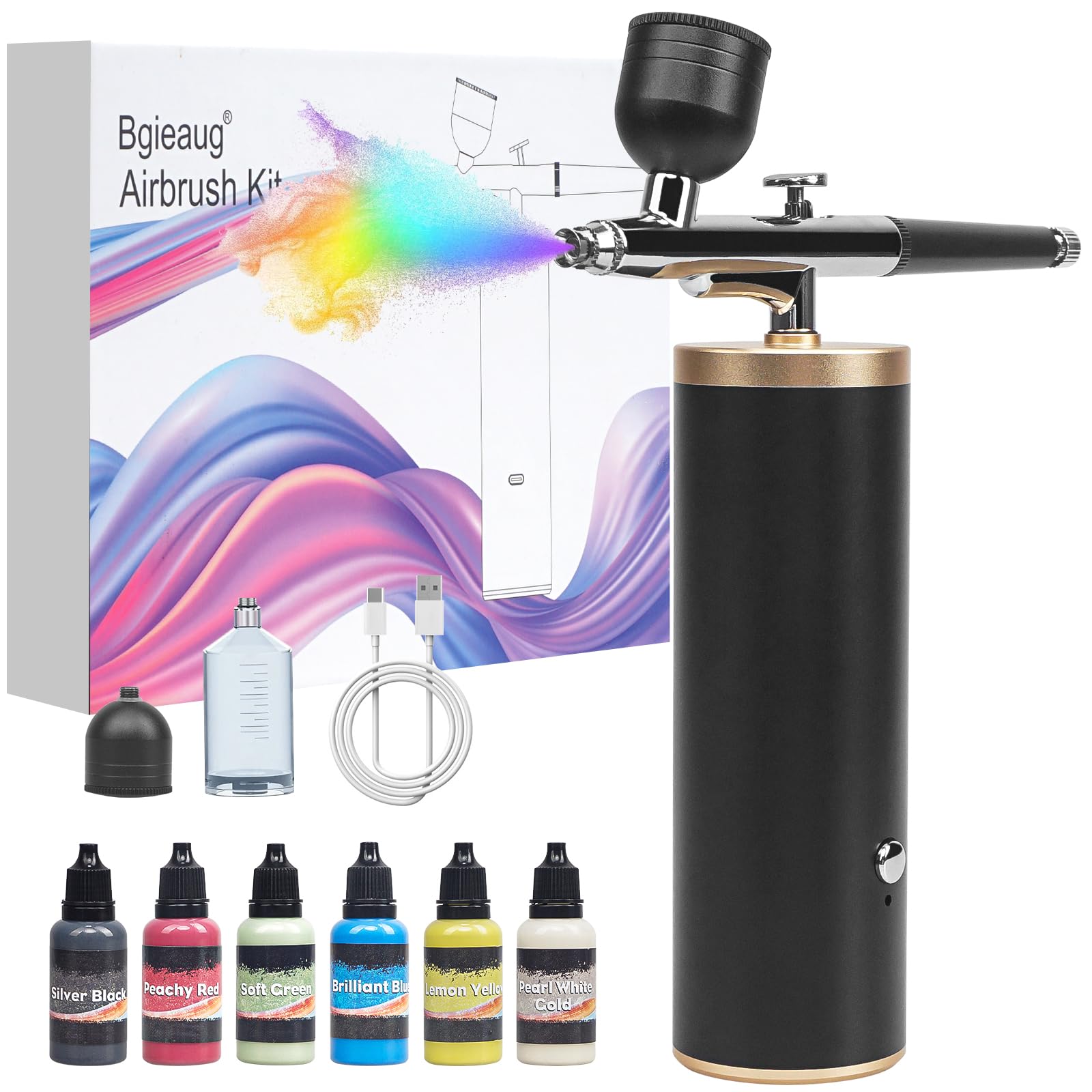 Airbrush Kit with Compressor - Rechargeable Multi-Function Portable Air Brush Set with Airbrush Paint Set, 6 Acrylic Paint Colors for Painting Makeup Decor Model Coloring Nail Art Tattoo (Black)