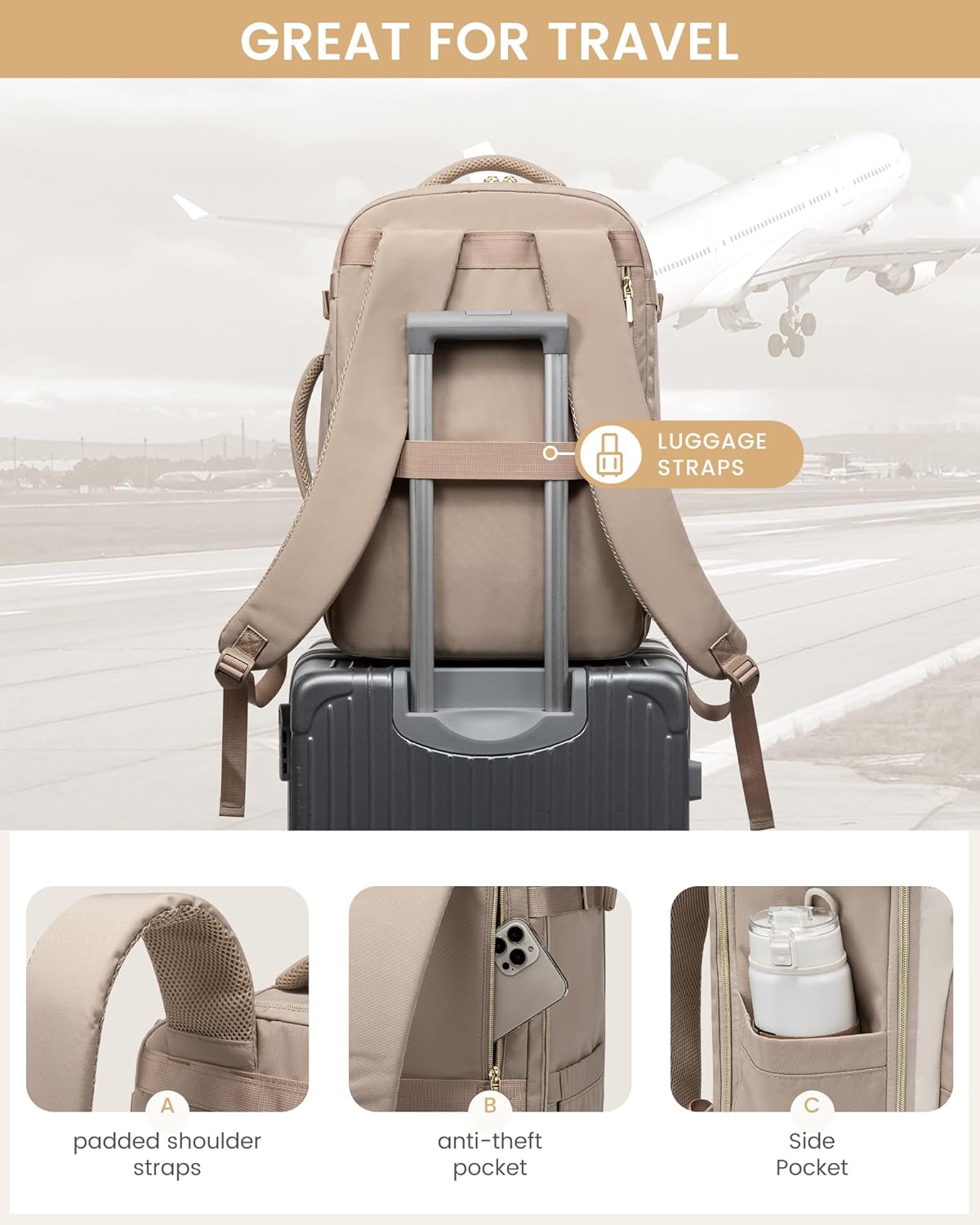 LOVEVOOK Travel Essentials Carry on Backpack 40L Travel Backpack for Women Men,Waterproof TSA Personal Item Travels Bag Airline Flight Approved,Large Carry on Luggage Laptop Backpack with Packing Cube - Image 7