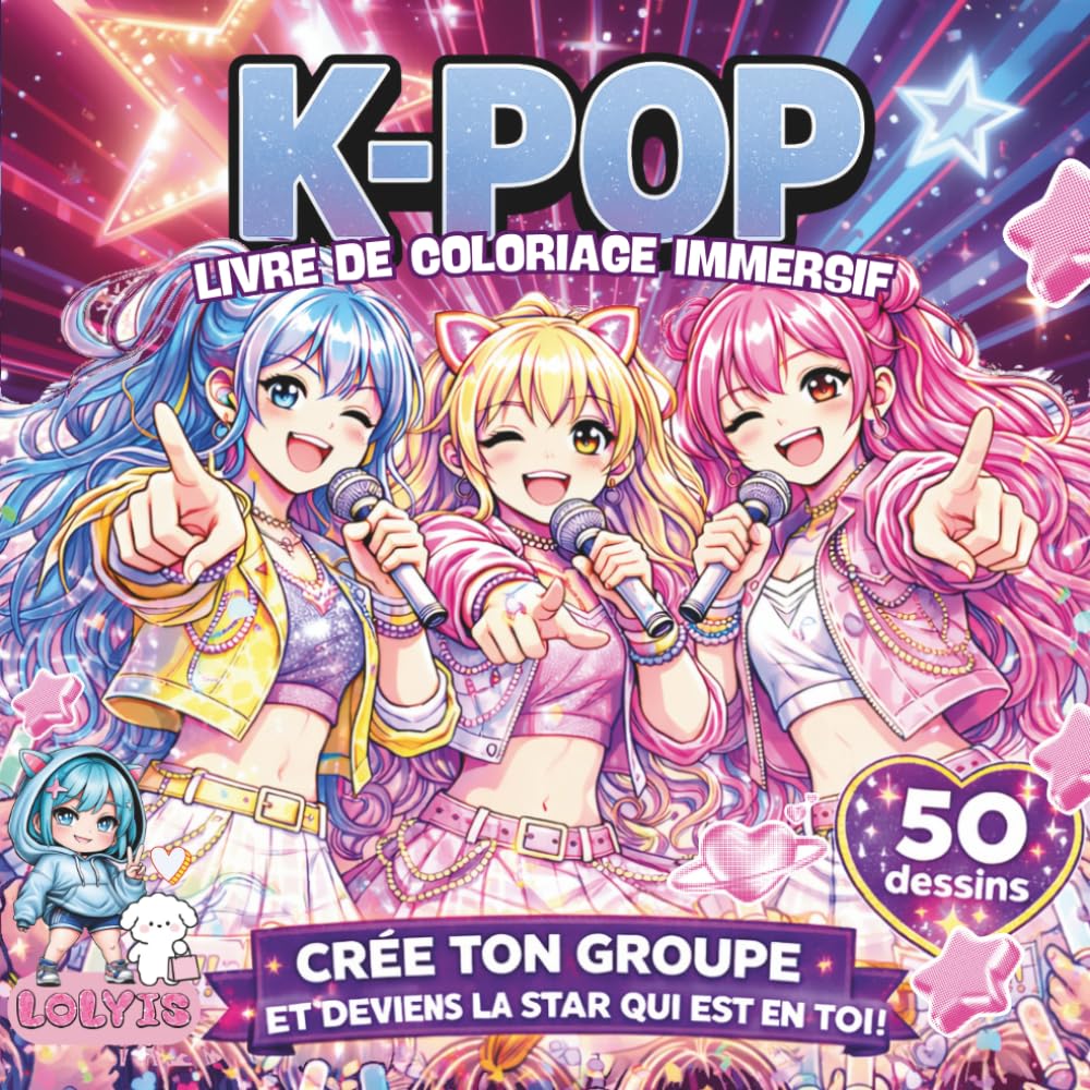 K-POP LIVRE DE COLORIAGE IMMERSIF: DEVIENS UNE STAR ET CRÉE TON UNIVERS avec 50 dessins originaux à colorier, Fun, mode et danse : le livre d’activités sans écran pour filles qui adorent créer
