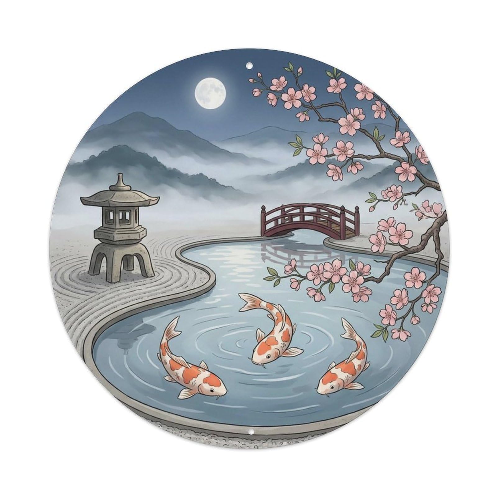 Olyhtr 8X8inch Classic Style Zen Landscape Koi Garden Pond Water Mist Metal Tin Sign
