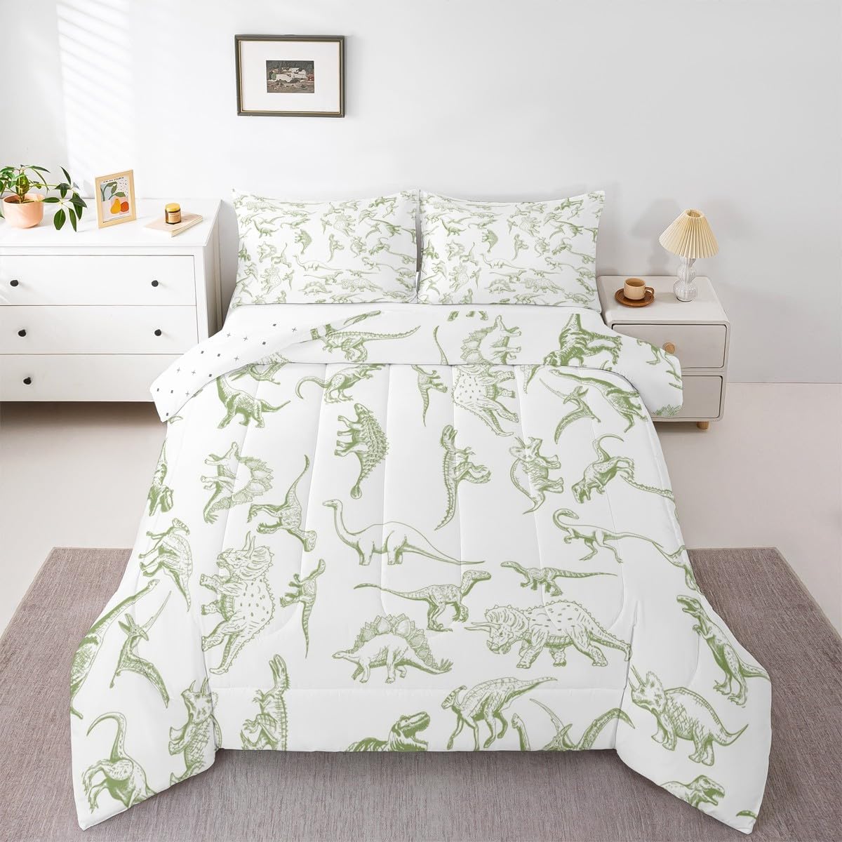 Feelyou Dinosaur Comforter Set 3D Digital Print Bedding Set with 1 Pillow Cases Jungle Dino Microfiber Kids Twin Bedclothes Wild Animal Bedroom Decor White Duvet Quilt