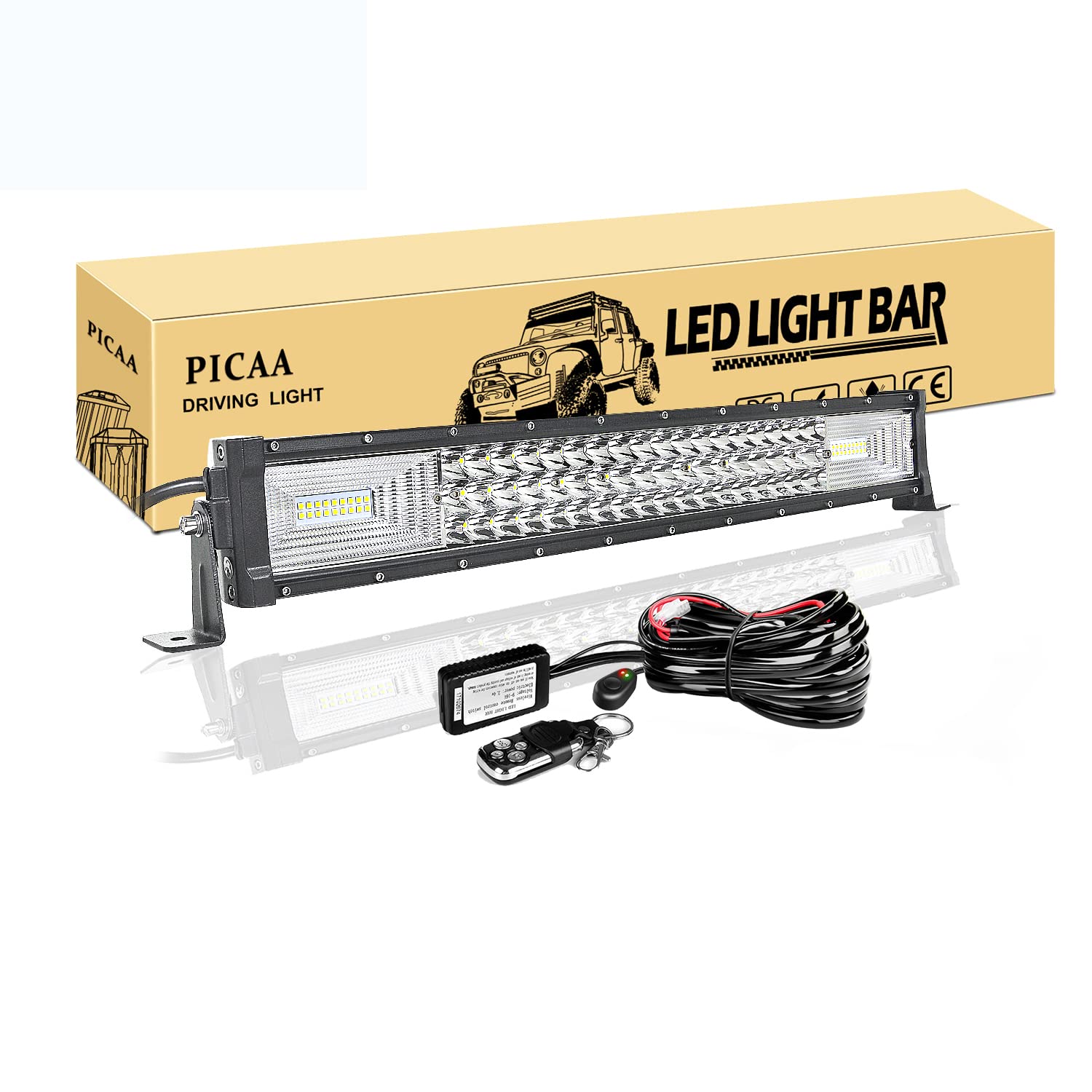 PICAA Listwa świetlna LED, 21 cali 53 cm 270 W 7D Triple Row LED Light Bar Spot Flood Światła do Motocykli Off-Road 4WD SUV ATV UTV Truck 12V Z przewodem stroboskopowym