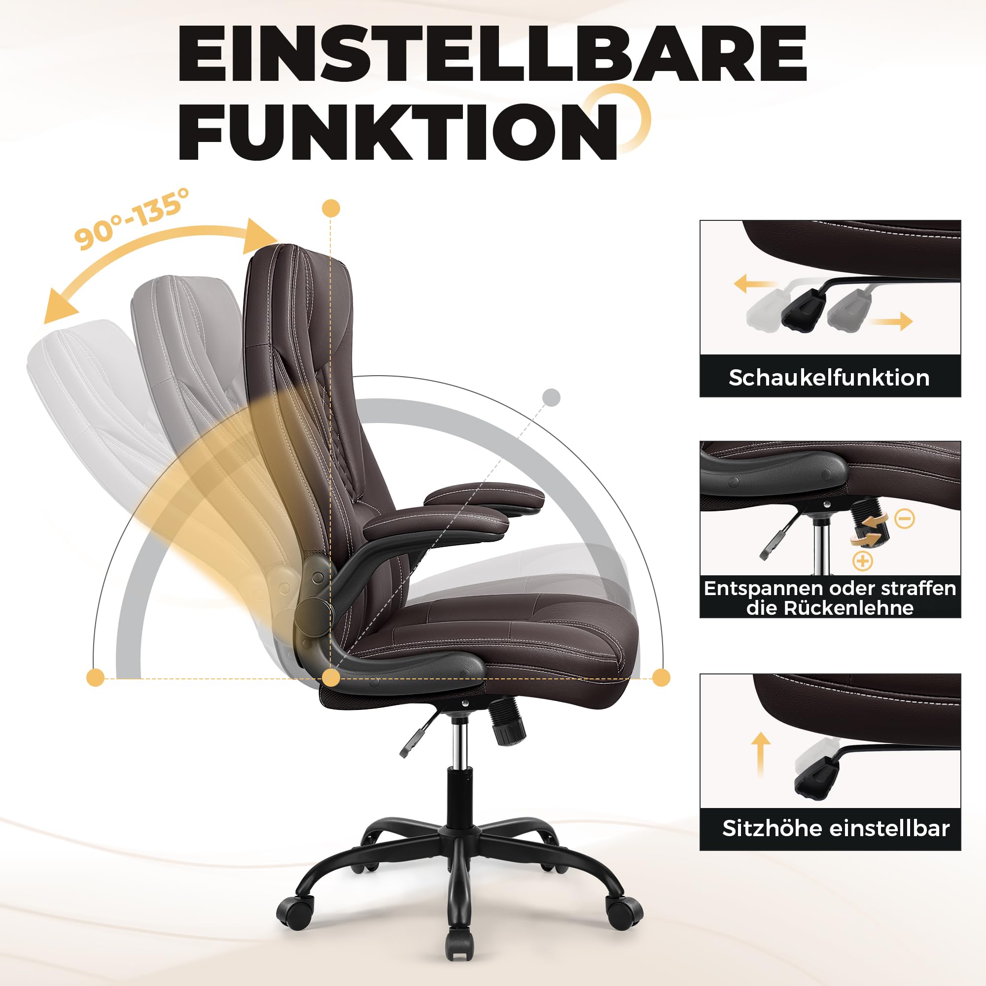 Sedia da ufficio, ergonomica, da scrivania, con funzione basculante, regolabile in altezza, con poggiatesta, braccioli, 150 kg, caffè