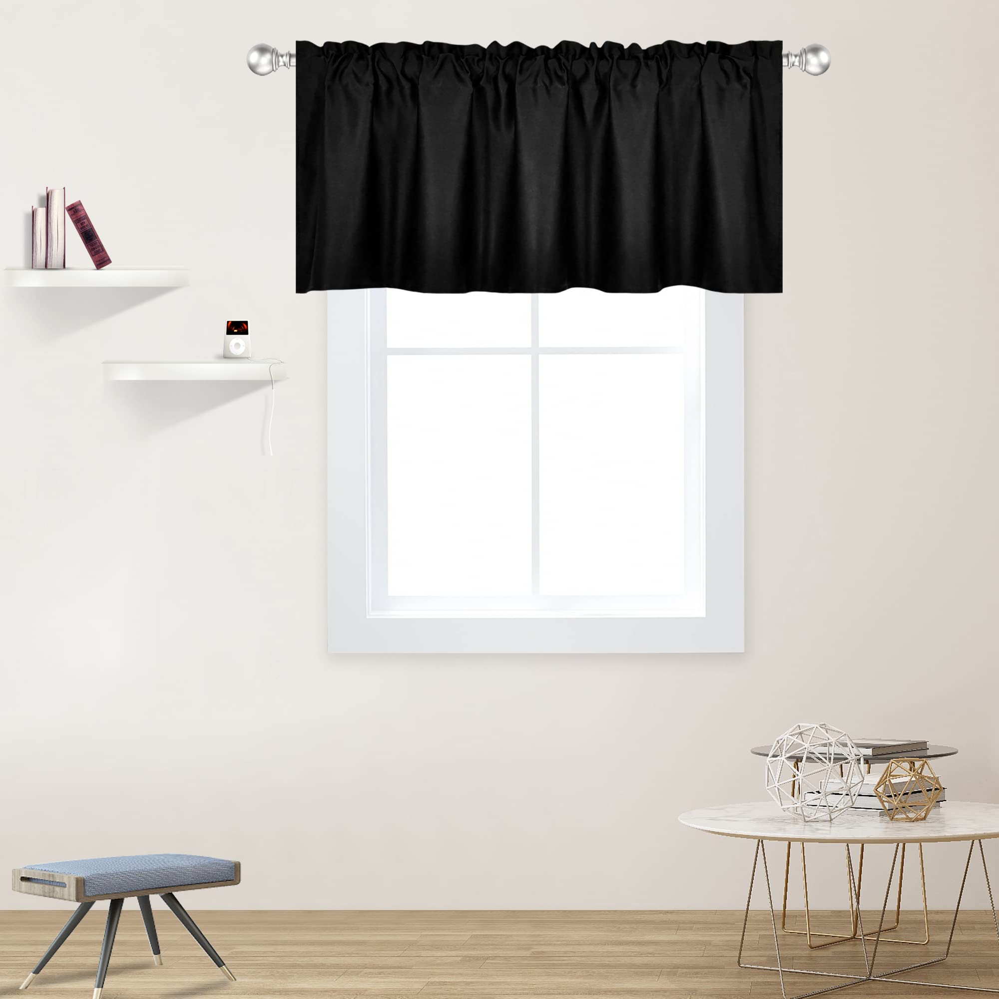 DECOVSUN Cantonnière Noire pour fenêtres de 132 x 45,7 cm - Isolation Thermique - Occultant - avec Passe-Tringle - pour Salle de Bain et Salon - 1 Panneau