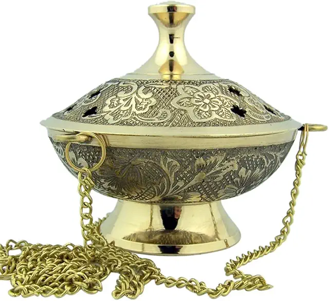 Gold Tone Charcoal Incense Burner Hanging Censer with Chain