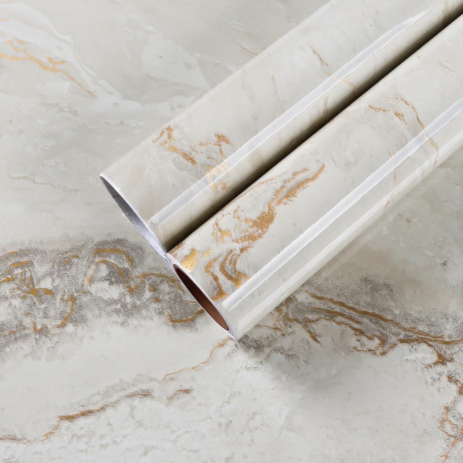 CHIHUT 17.7”x236” Glossy Marble Peel and Stick Countertop Contact Paper Thick Waterproof Marble Contact Paper Self Adhesive Beige Gold Wallpaper Countertop Vinyl Cover for Kitchen Furniture