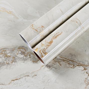 CHIHUT 17.7x236 Glossy Marble Peel and Stick Countertop Contact Paper Thick Waterproof Marble Contact Paper Self Adhesive Beige Gold Wallpaper Countertop Vinyl Cover for Kitchen Furniture