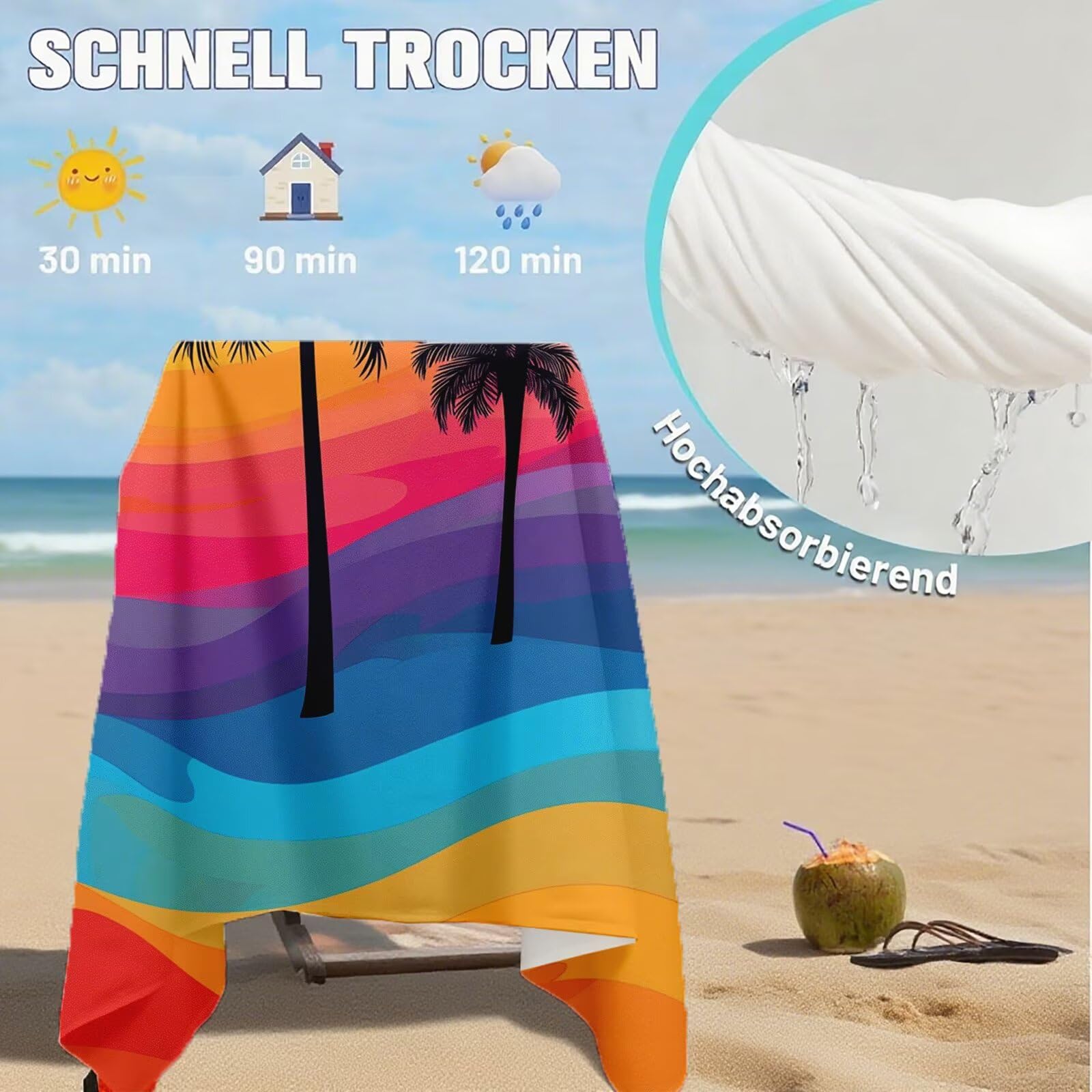 Toalla Playa 100 x 220 cm Toallas de Playa Microfibra ,Toallas Baño Grandes, Secado Rápido Absorbente Suave Sin Arena Compacta Beach Towel para vacaciones Picnic Piscina Esencial con Bolsa Color Q-685