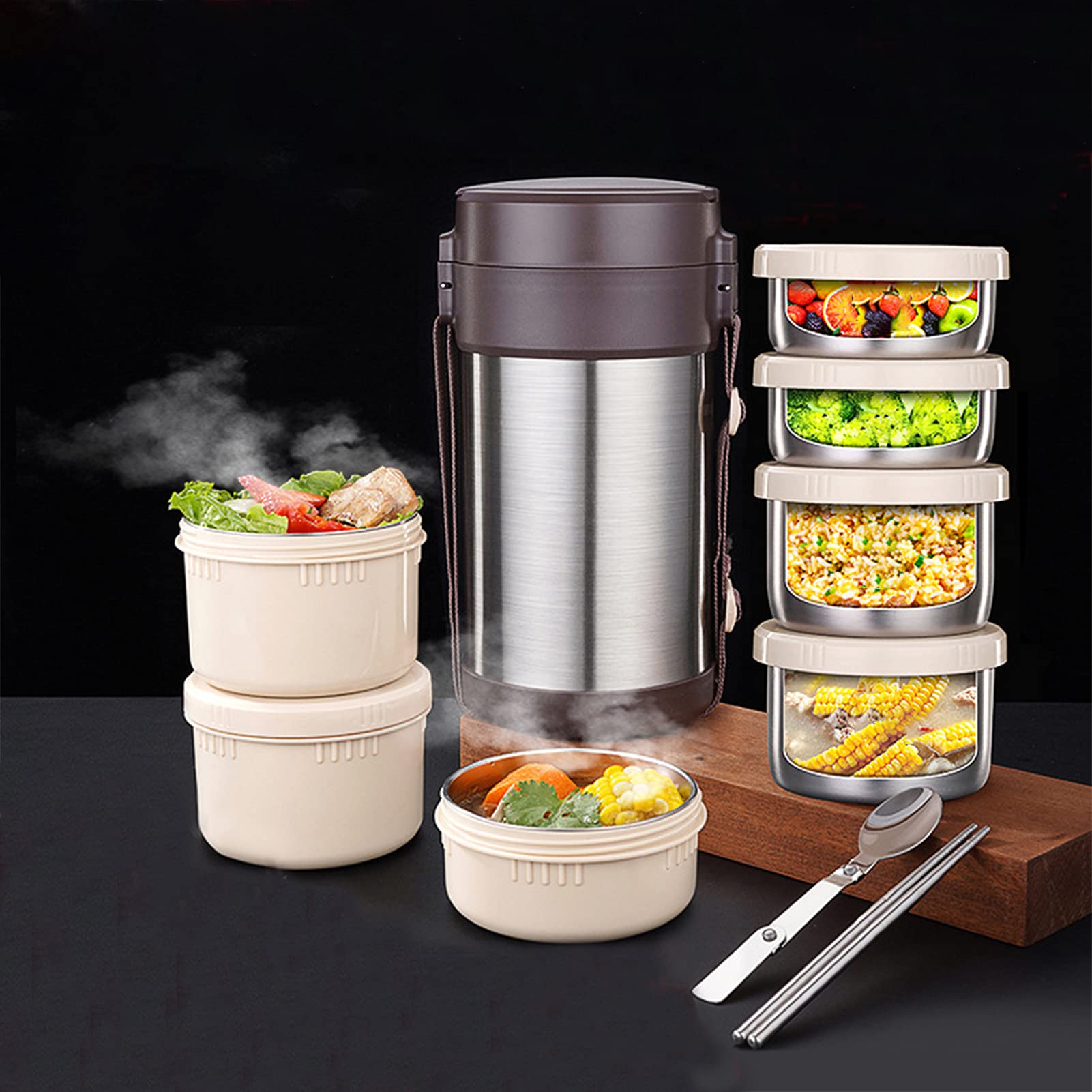 Edelstahl Thermo-Lunchbox 3 Etagen Isolierung Lebensmittelbehälter,Stapelbar Isolierbehälter Box Speisenwärmer für Essen Babynahrung Suppe Brei Obst,mit Löffel und Lunchtasche,2.3L + 3 Layers