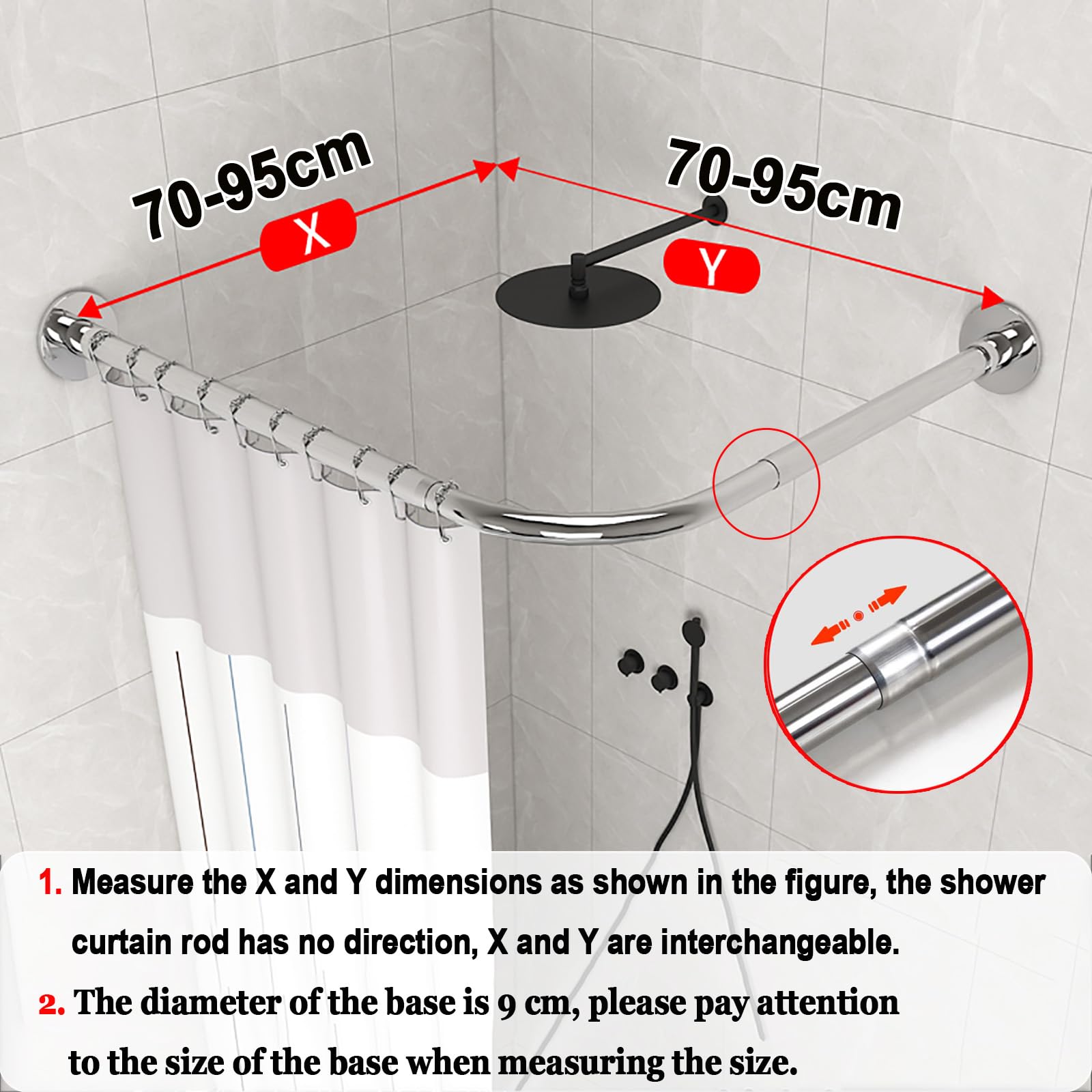 Barre de douche d'angle réglable L-SD 70-95 cm extensible sans perçage pour salle de bain et baignoire Argenté Design peu encombrant pour la maison et la vente au détail
