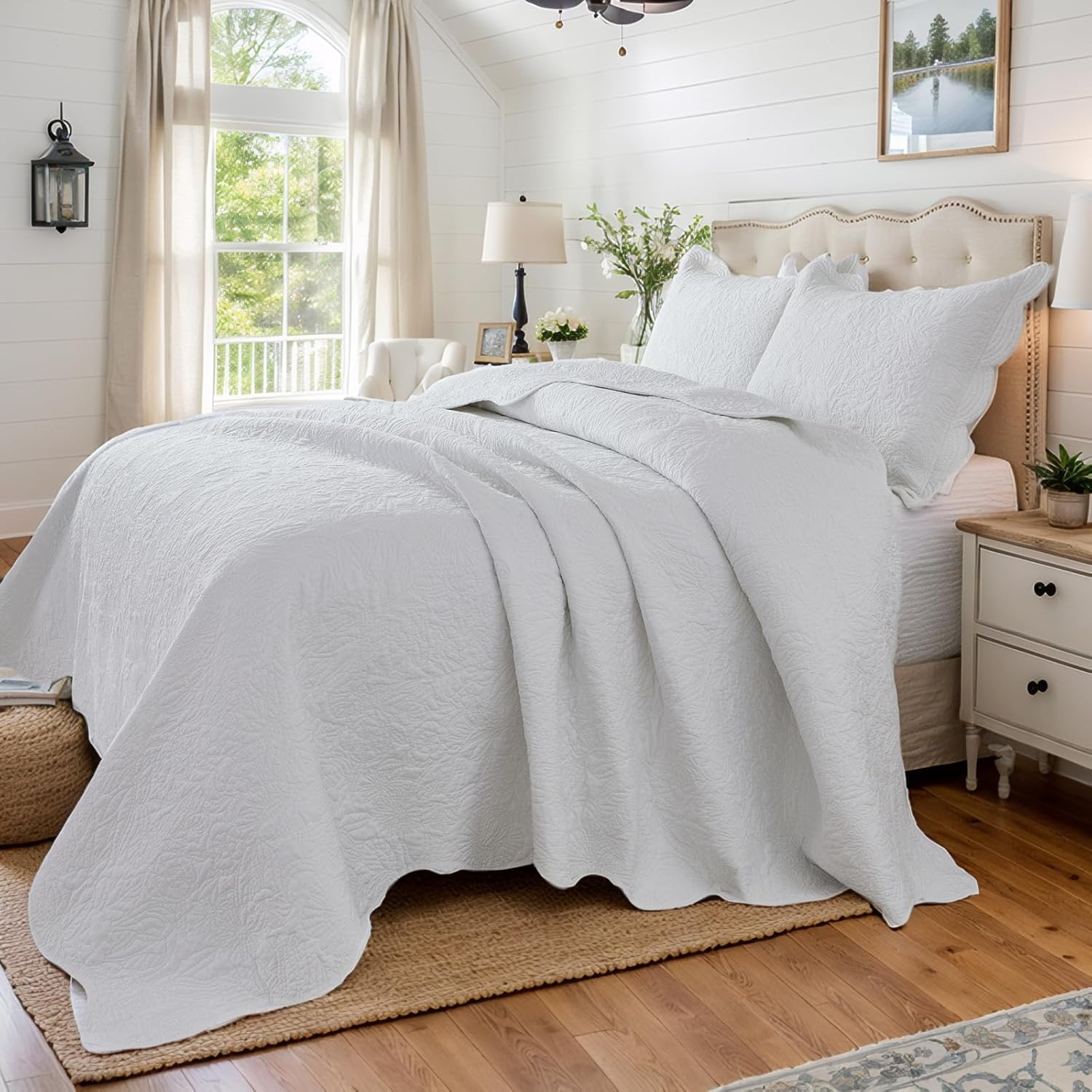 Brandream White Quilt Set King Size Cotton Botanical Cottagecore Bedding Matelasse Coverlet Scalloped Quilts 3-Piece - Image 5