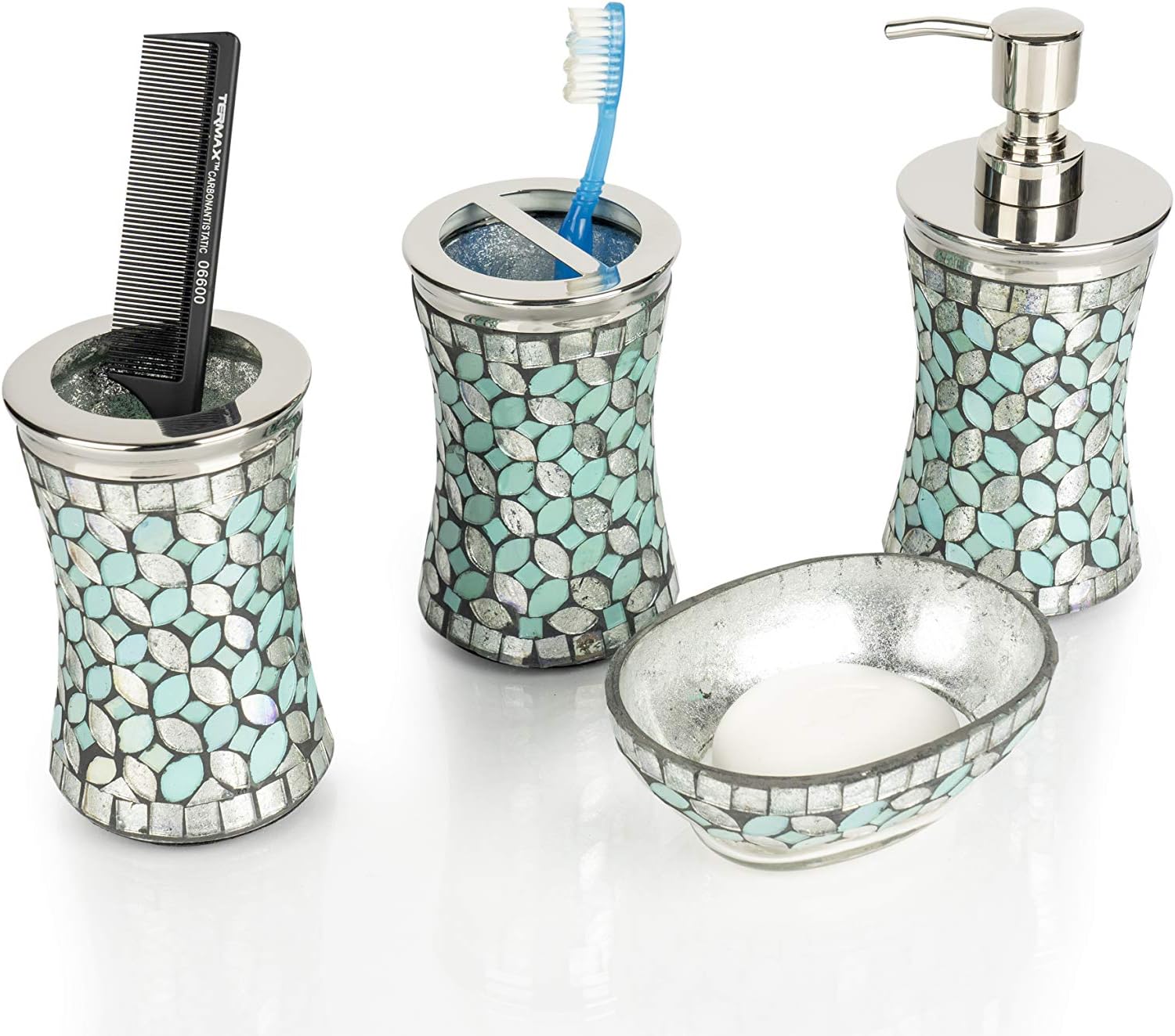 nu steel (Set of 4) Sea Foam Bath Accessory Set in Aqua Blue/Silver Glass Mosaic/ Stainless Steel for Bathrooms & Vanity Spaces