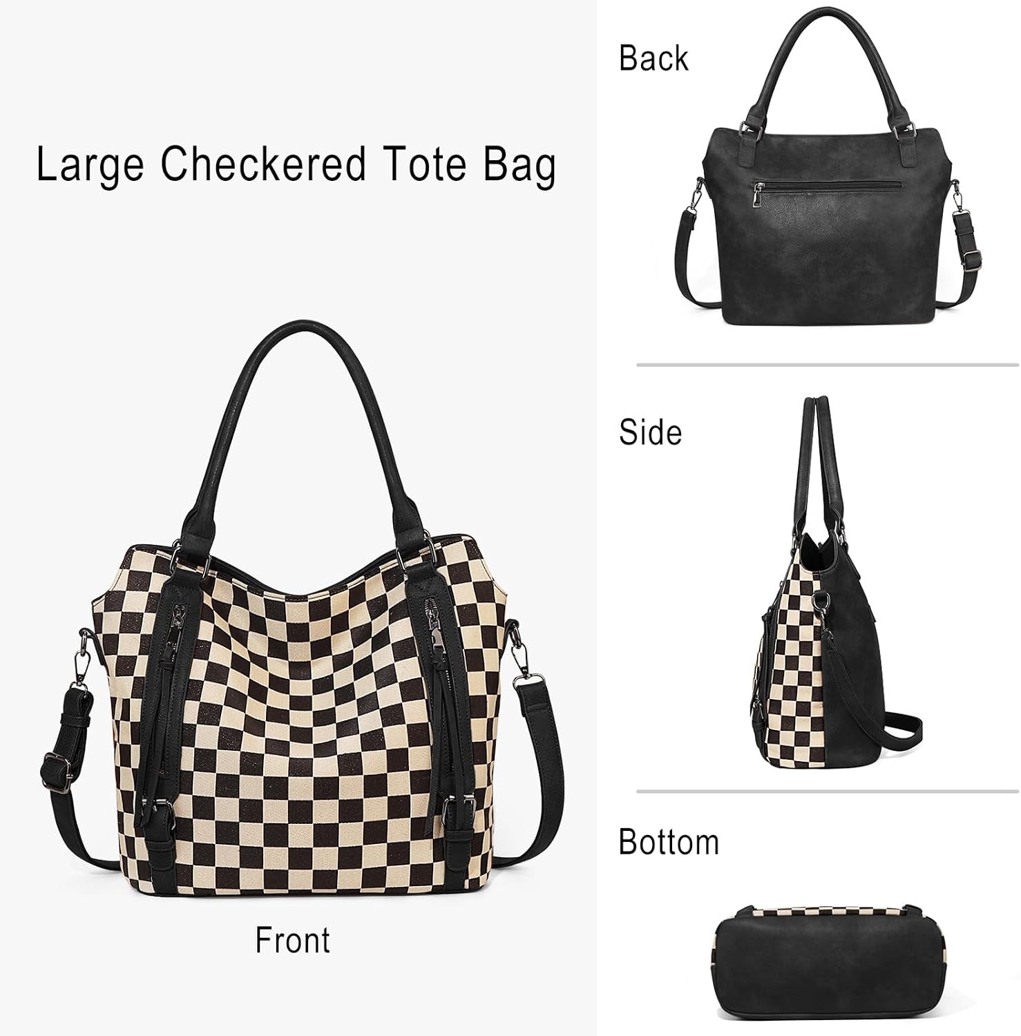 Bycobecy Large Hobo Bags for Women Checkered Leather Shoulder Tote Bag Ladies Crossbody Handbag with a Wristless Purses