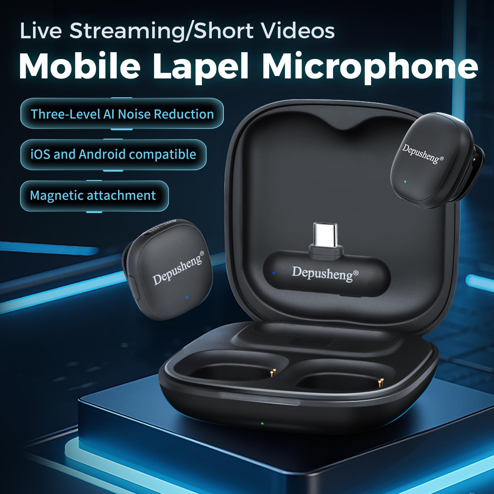 Depusheng V2 Lot de 2 microphones Lavalier sans fil pour iPhone, iPad et Android avec étui de charge, 8 heures d'autonomie, microphone à clipser pour enregistrement vidéo, vlogging, YouTube