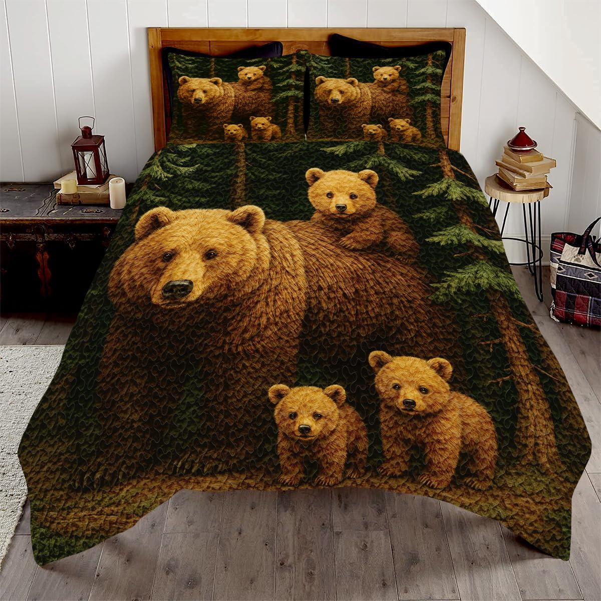 Custom Bear Family Quilt Set with Kids Name, Rustic Bears Quilt Bedding Set – Mama Papa & Baby Animals Comforter Set, Forest Wildlife Bedding for Bedroom Boys Girl Room (Bear)