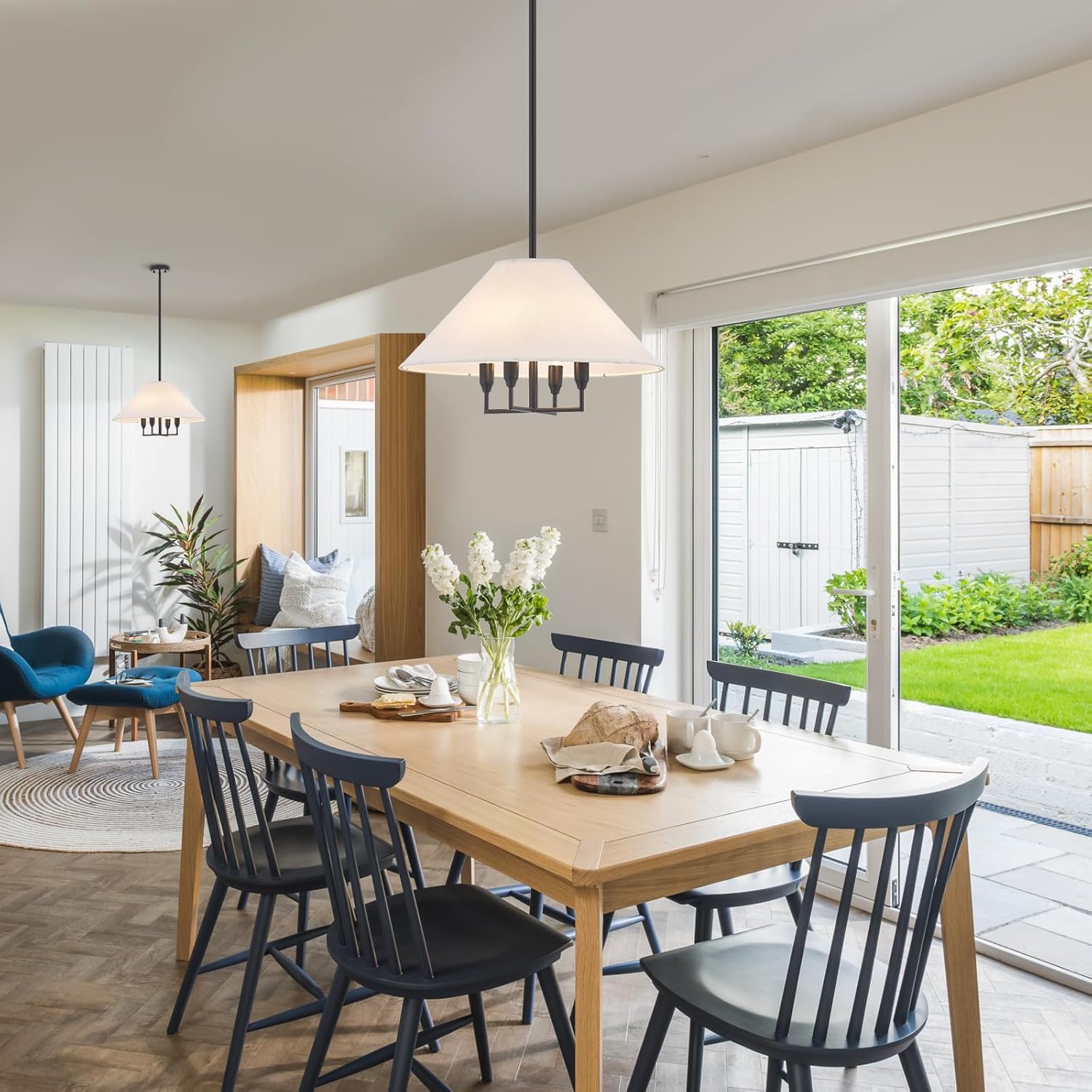 Rustic Modern Chandelier for Entryway, Dining Room Light with Off-White Fabric Shade, Industrial Farmhouse Pendant Light Fixture for Kitchen, Dia 21.62 Inch