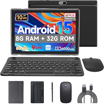 Android 15 Tablet,10 inch Tablets, 2 in 1 Tablets with Keyboard Case