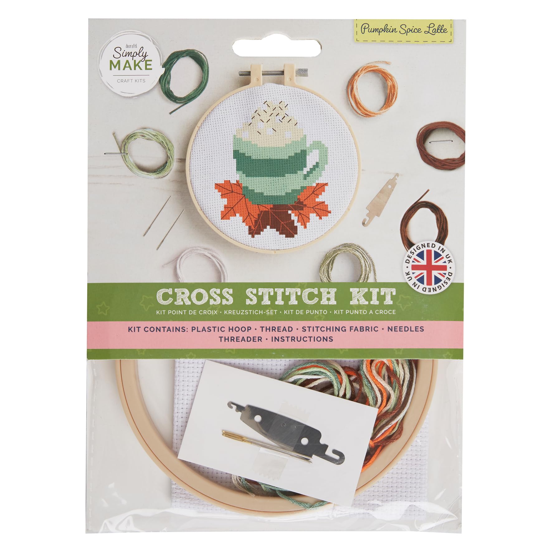 Simply Make Cross Stitch Kit - Pumpkin Spice Latte Design for Kids and Adults, Including Hoop, Embroidery Thread Fabric & Needle - Perfect for Adult Crafts and Beginners Starter Cross Stitch Craft Kit