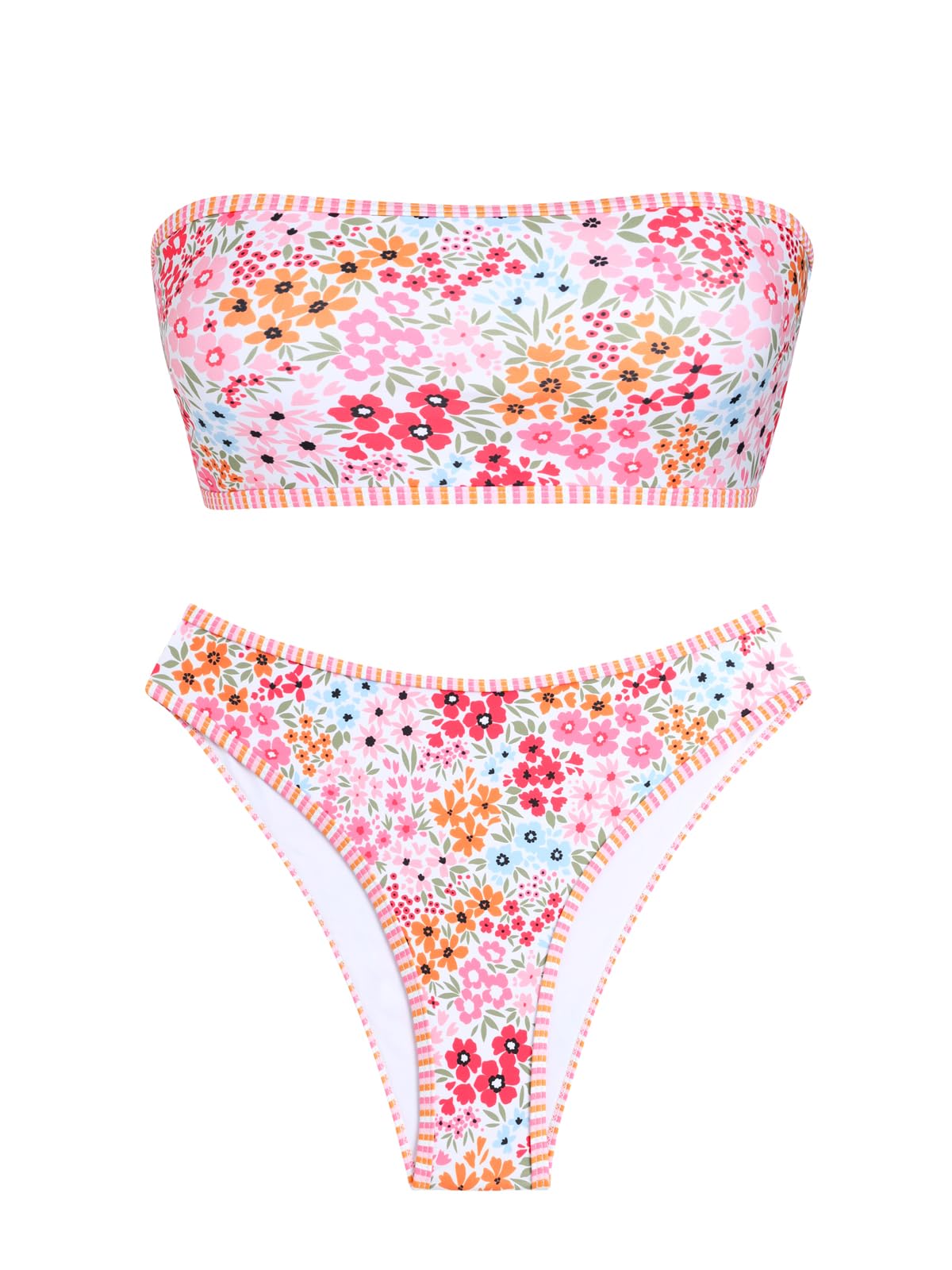 ZAFUL Women's High Cut Bandeau Bikini Set Strapless Solid Color 2 Pieces Bathing Suit Swimsuit