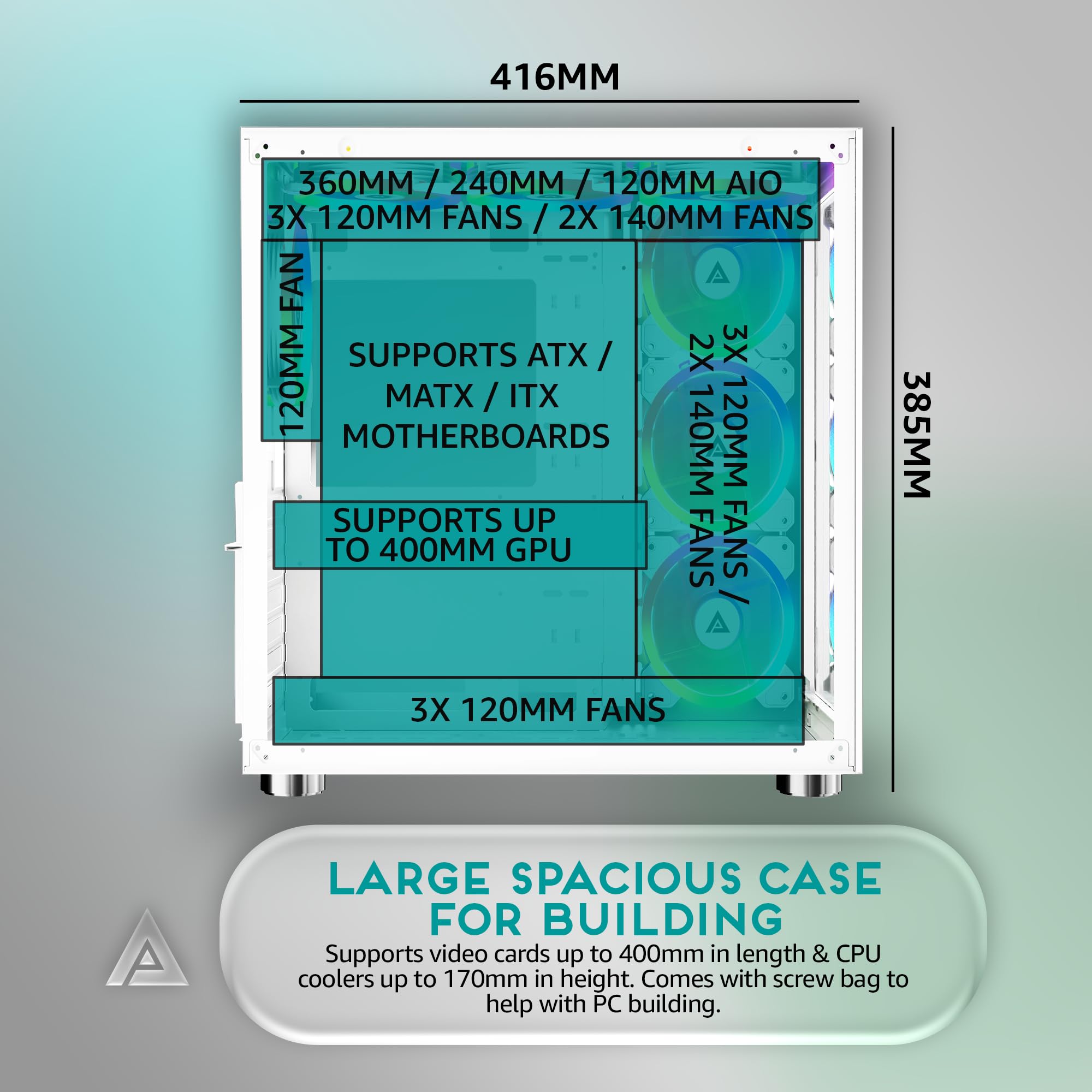 Apevia Prism-Elite-WH Prism Elite Mid Tower ATX Gaming PC Cube Case w/7 x 120 mm PWM ARGB ventole, 366 modalità RGB, doppio pannello in vetro temperato, supporto radiatore 360 mm, 2 x USB 3.0, 2 x USB
