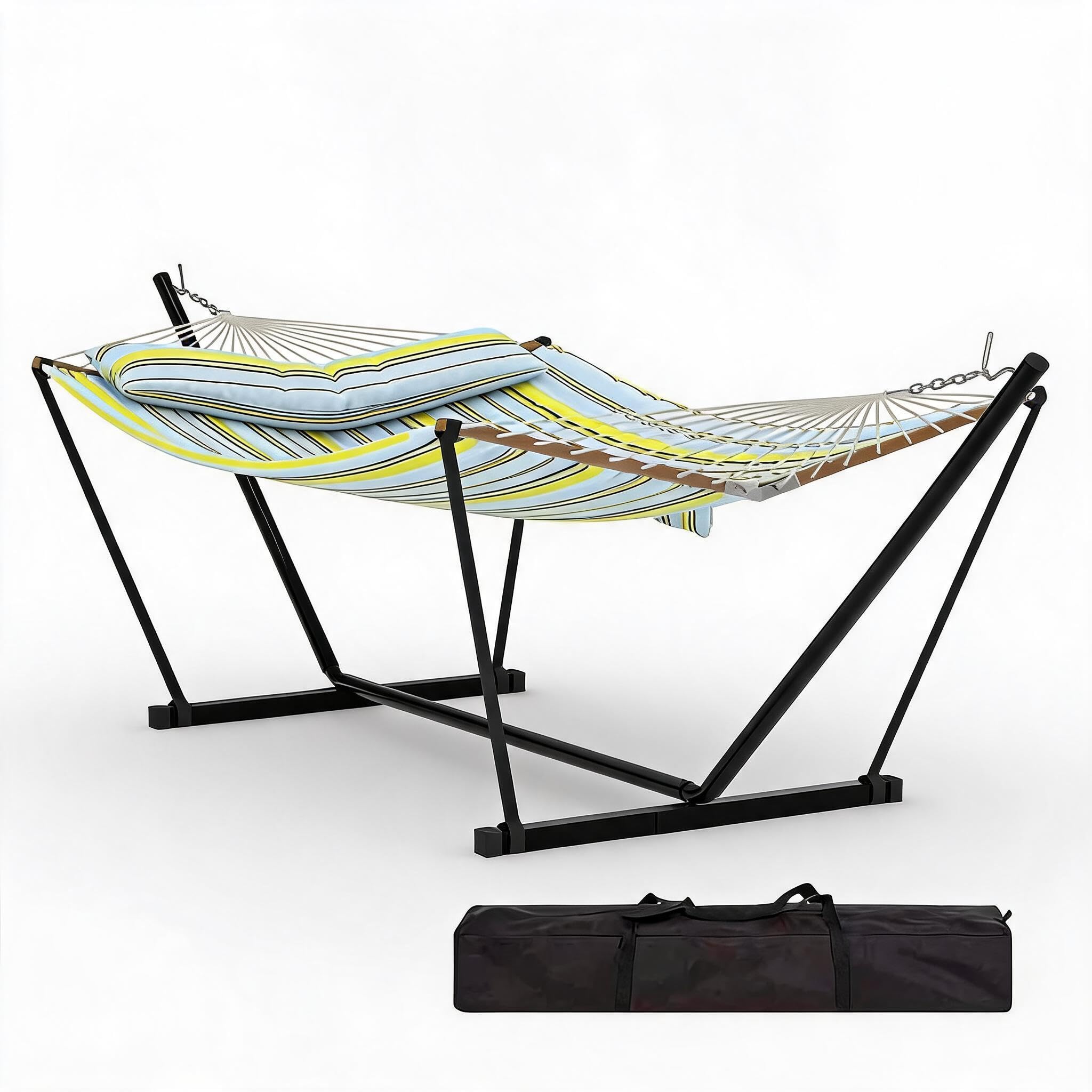 Cachpib 12FT Garden Hammocks 2 Person with Heavy Duty Steel Stand, Large Hammock with Wooden Spreader Bar & Detachable Pillow, 204kg Capacity, Indoor and Outdoor Hammock for Patio, Pool or Backyard