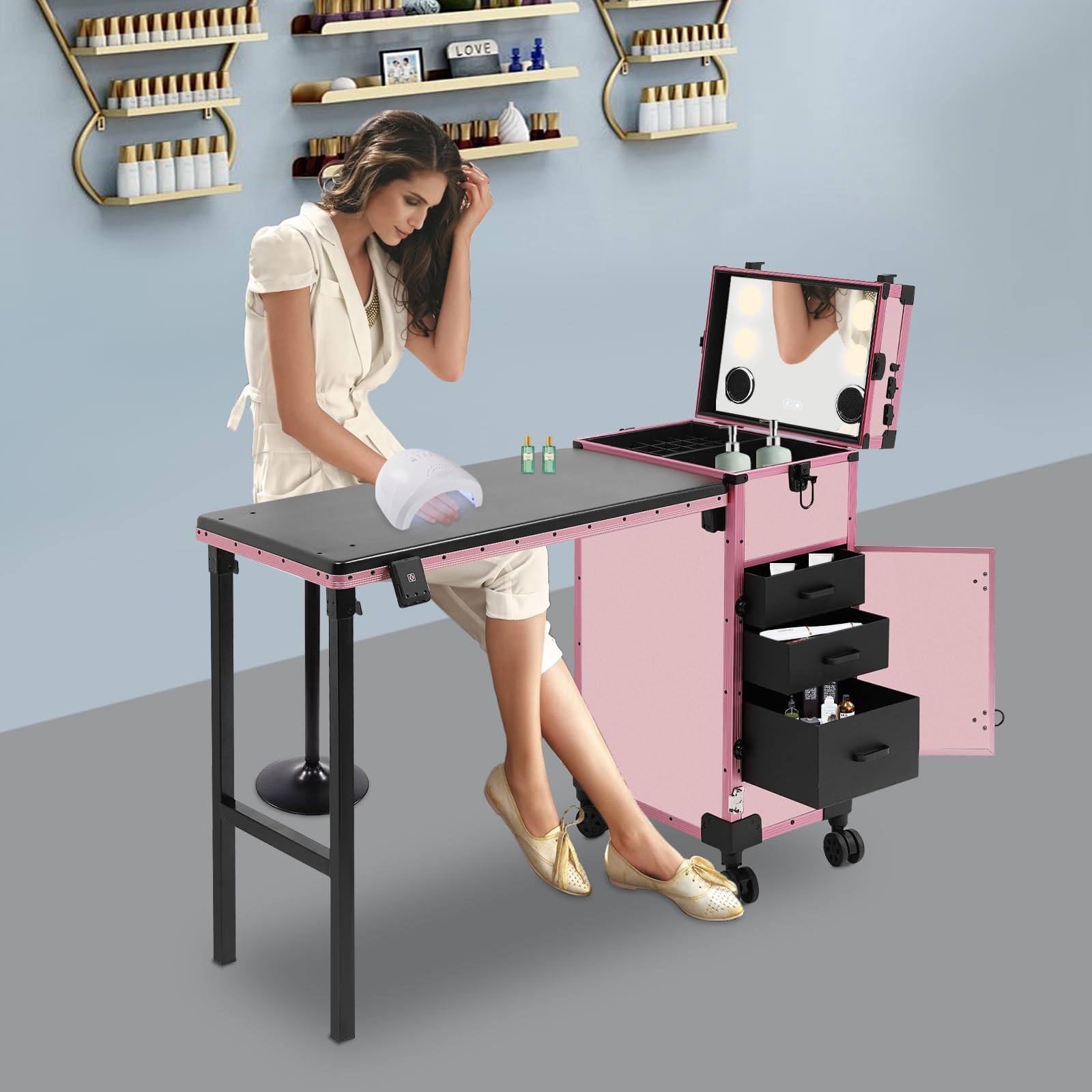 Faltbarer Schönheitstisch, Kosmetikkoffer Trolley, Make-up Koffer Rolling Cosmetic Organizer mit 3 Schubladen, Spiegel, Licht und Bluetooth für Home Spa Beauty Salon Draussen Hochzeits Make-up