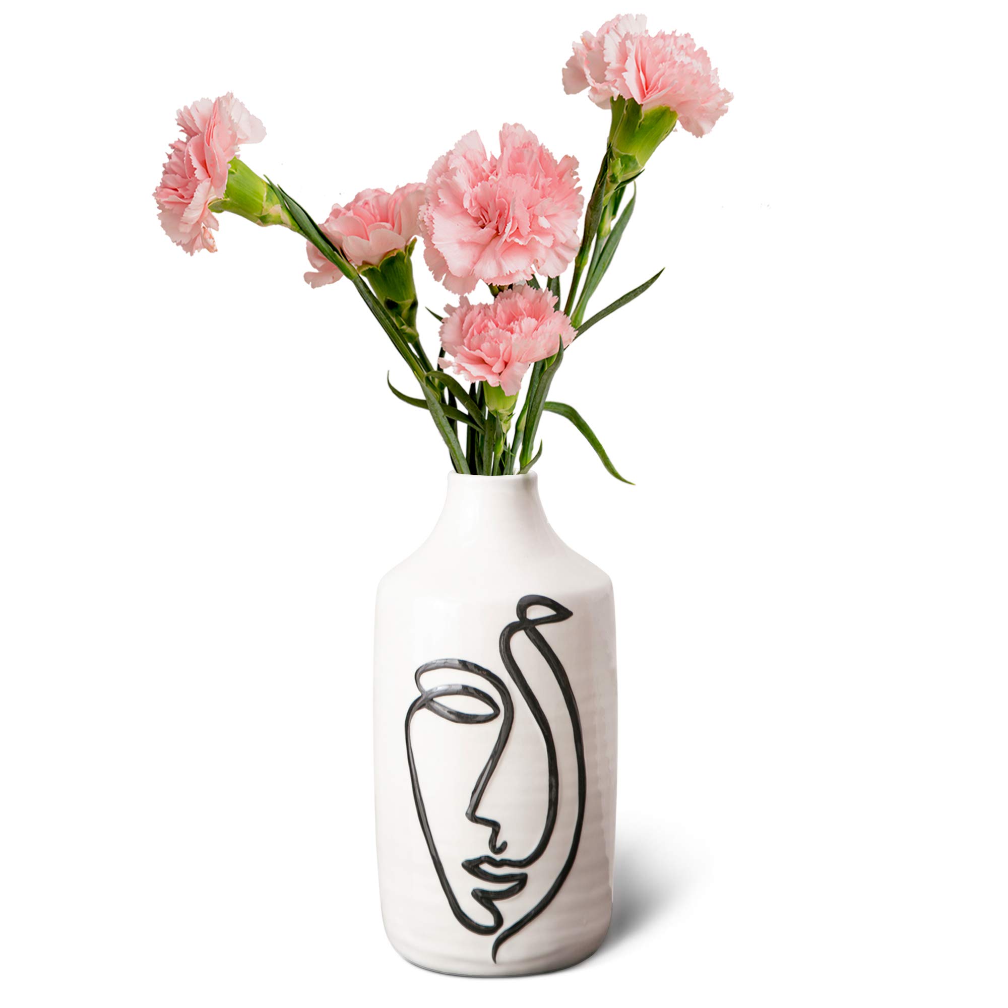 Minimalist Floral Abstract Face Vase, Decorative Flower Ceramic Vase for Living Room Home Decoration Centerpiece (White and Black) (VASE-A)
