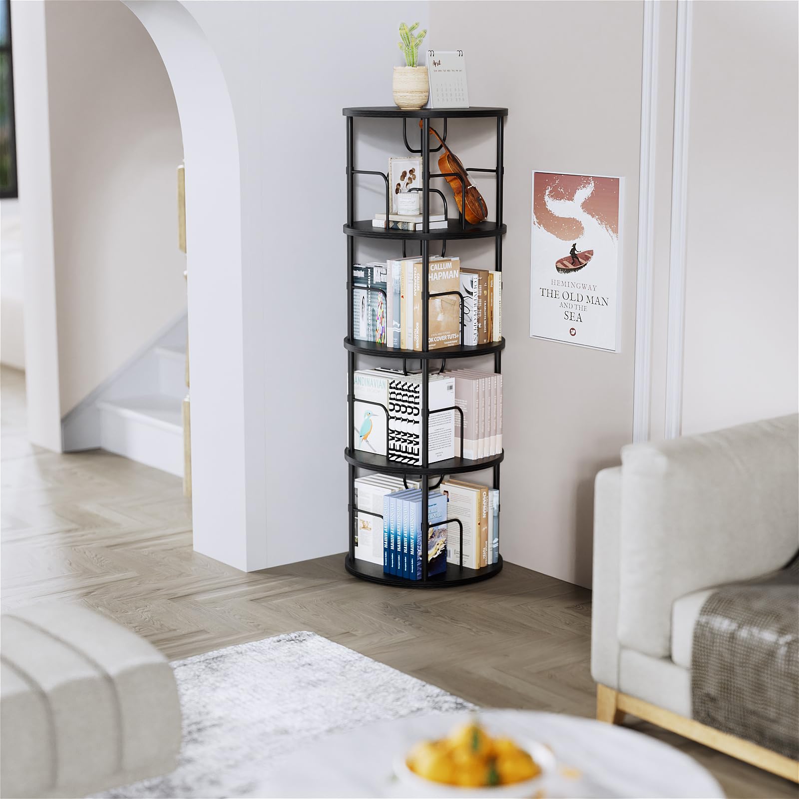 Libreria Girevole a 360° in Legno - 4 Ripiani Regolabili, Scaffale Verticale Portaoggetti per Uffici e Soggiorni, 45×45×129 cm, Nero