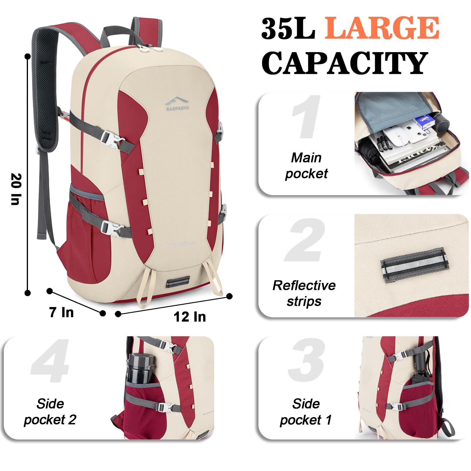 BAGPARKK Hiking Backpack,Large 35L Travel Backpacks for Men Women,Water Resistant Ultra Lightweight Foldable Packable Camping Daypack for Outdoor Sports