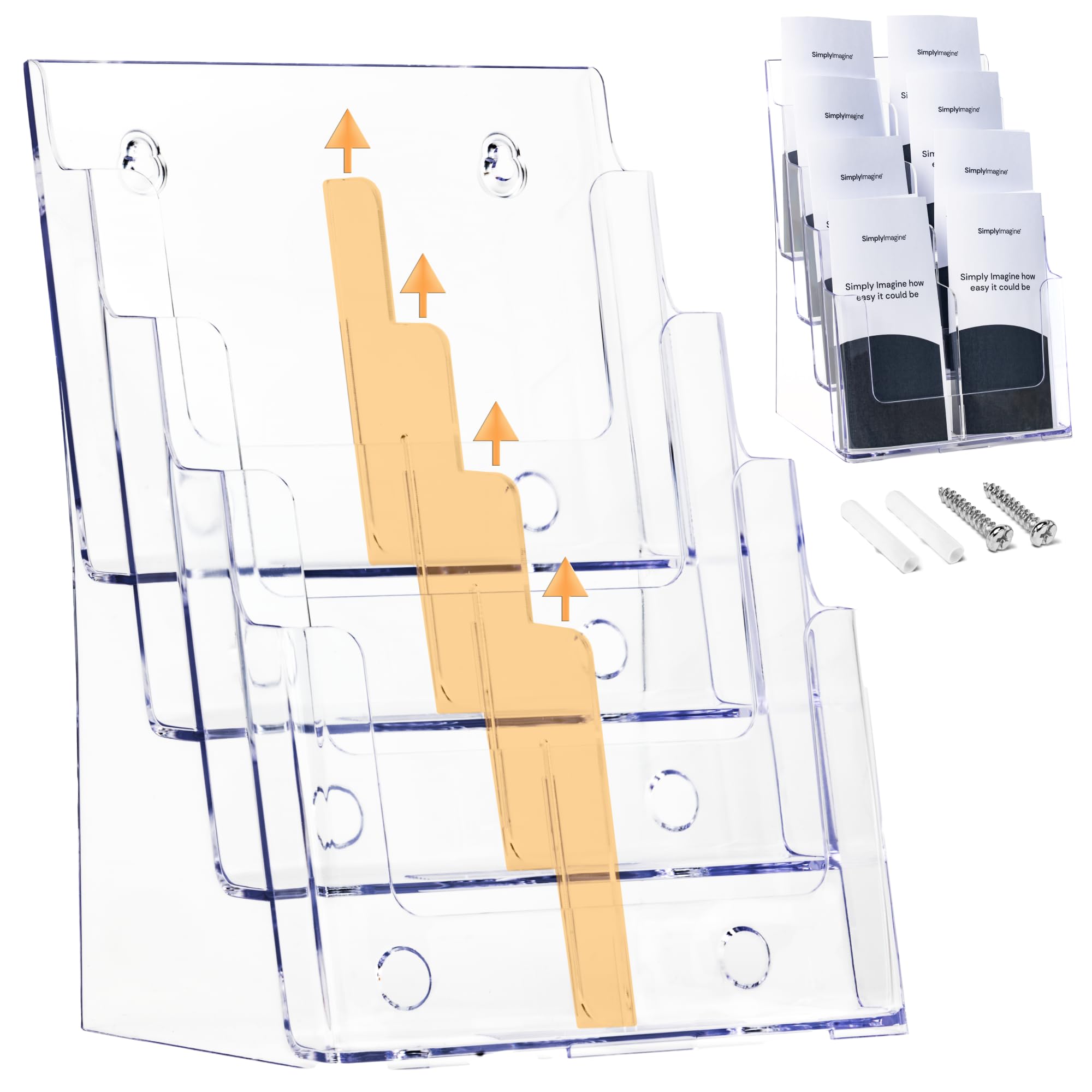 SimplyImagine Acrylic Brochure Holder, 4 Tier Clear Literature - 8.5 x 11 inches, Pamphlet Holder, Wall Mount/Countertop Plastic Flyer Display Stand Organizer for Display Flyer, Booklet, Document