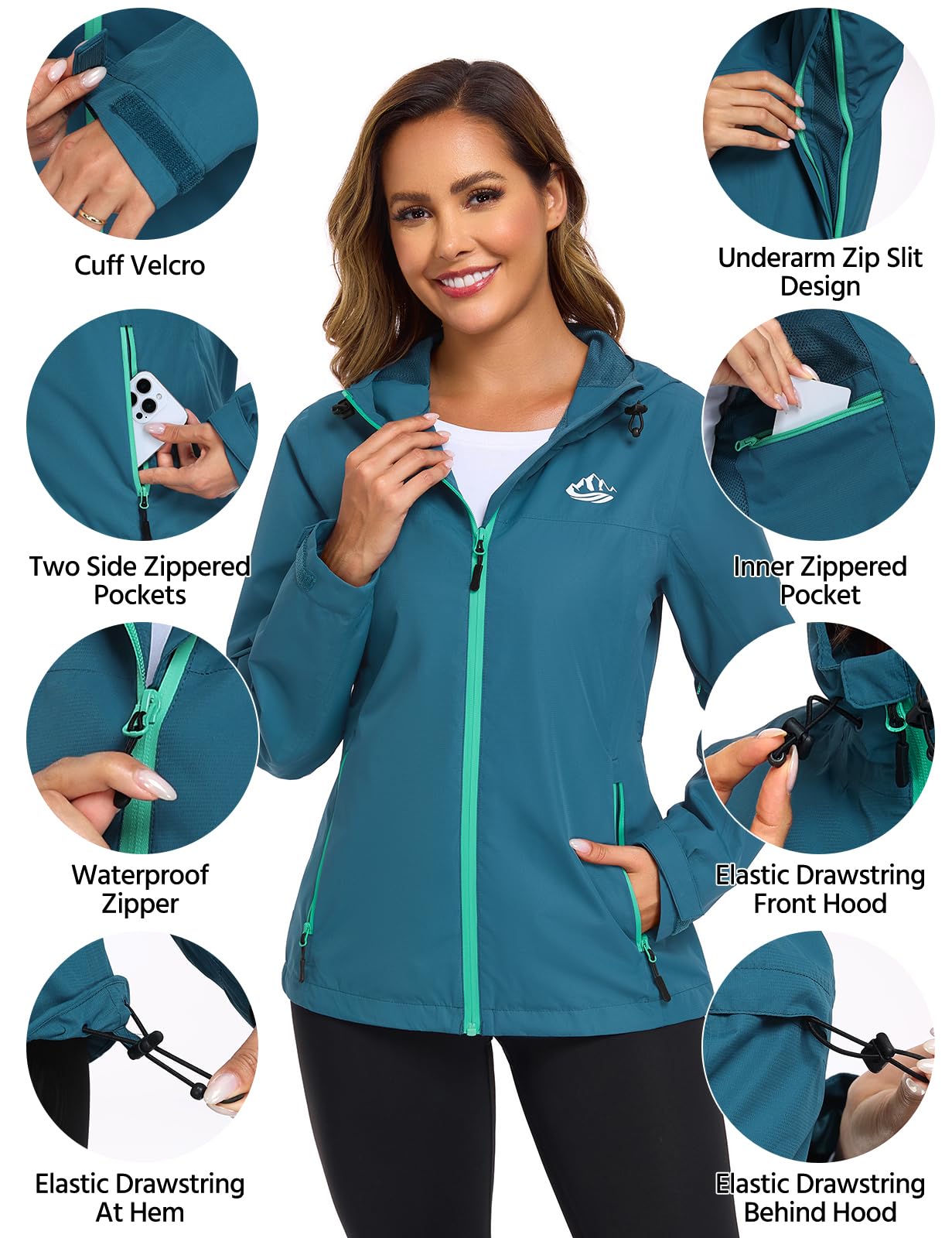 CMTOP Regenjacke Damen Wasserdicht Leichte Übergangsjacke Dünne Atmungsaktive Regenmantel mit Kapuze, Windbreaker Outdoorjacke mit Reißverschlusstasche für Frühling Herbst Sommer
