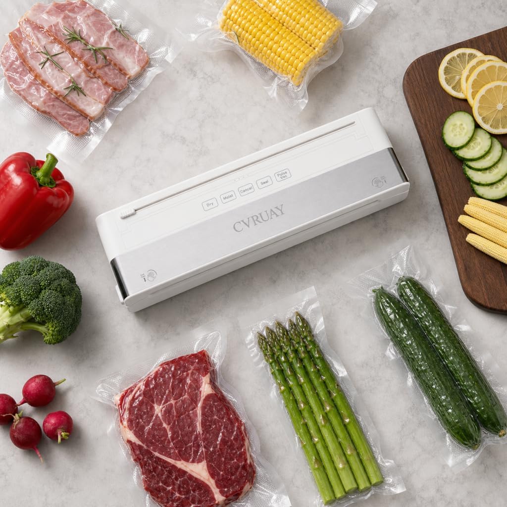 Vacuum Sealer Machine, Full Automatic Food Sealer with Cutter for Freshness Storage, 4-in-1 Functions Food Vacuum Sealers Machine with Pre-cut Bags, Air Hose for Home Kitchen Use