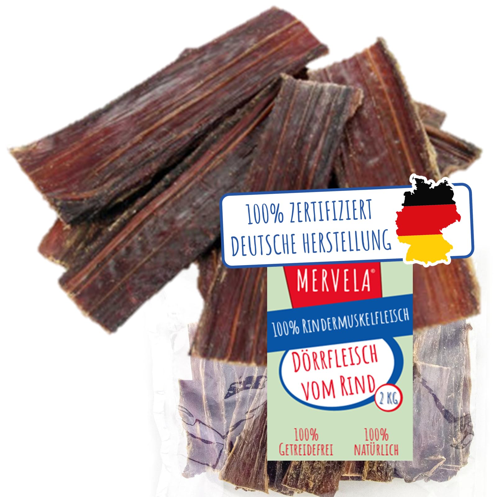MERVELA® Dörrfleisch für Hunde 2kg | Rinderdörrfleisch | Trockenfleisch | gesunder Hundesnack aus Deutscher Herstellung | 100% Rindfleisch und natürlicher Kausnack