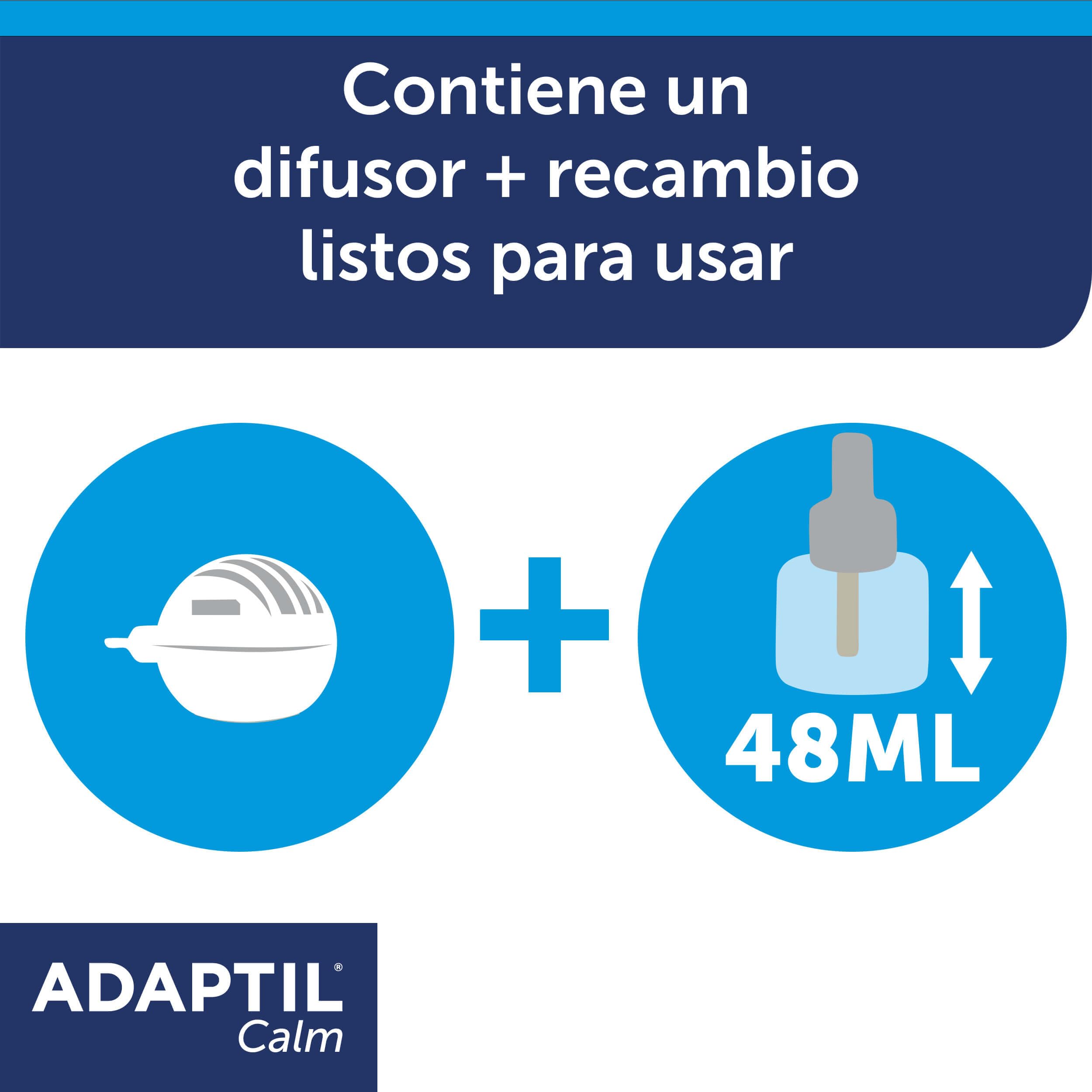 ADAPTIL Calm - Antiestrés para perros - Solo en casa, Miedos, Ruidos fuertes, Adopción - Difusor + Recambio 48ml
