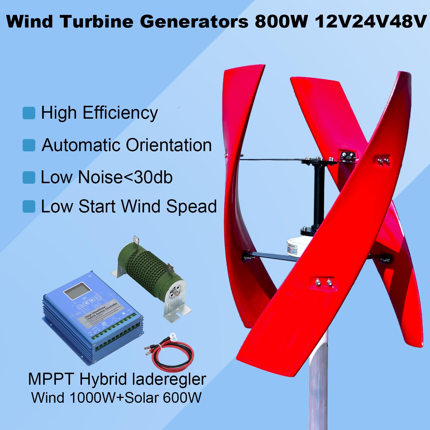 Zestaw turbiny wiatrowej 800 W, 12 V/24 V/48 V, pionowy generator wiatrowy z hybrydowym relingiem ładowania MPPT, cicha instalacja wiatrowa na balkon, łodzie, przedsiębiorstwa, przemysł (z elżą